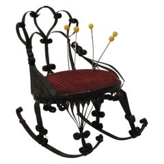 Vintage Tin and Velvet Miniature Pins Cushion Rocking Chair