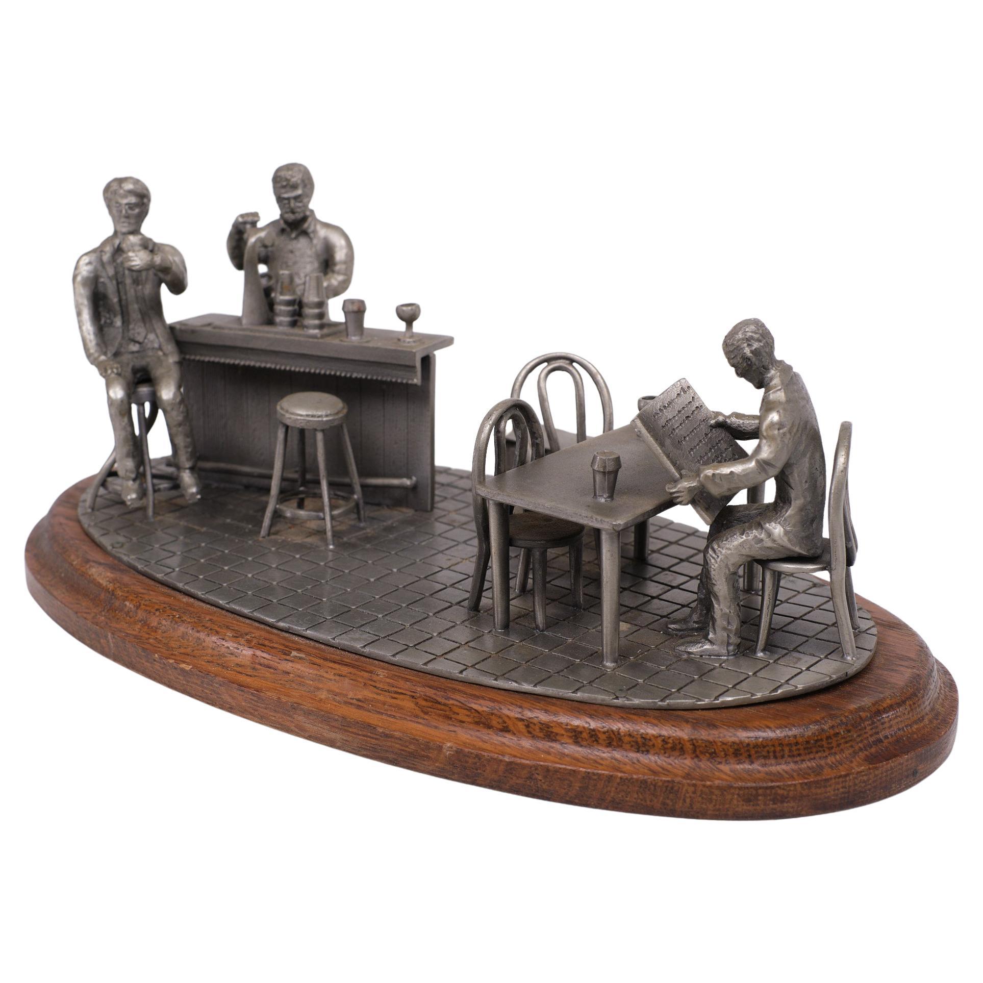 Very rare large Pewter bar scene. Signed Tin Etain Zinn Pewter, several figures and furniture in a bar. Standing on a oak base. 1970s Dutch.
 