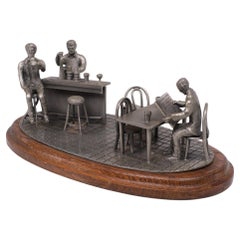 Vintage Tin Etain Zinn Pewter, Bar Scene, 1970s