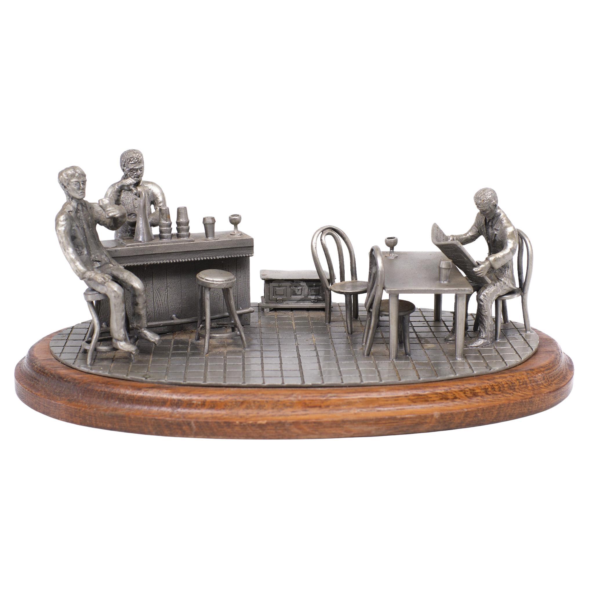 Vintage Tin Etain Zinn Pewter, Bar Scene, 1970s