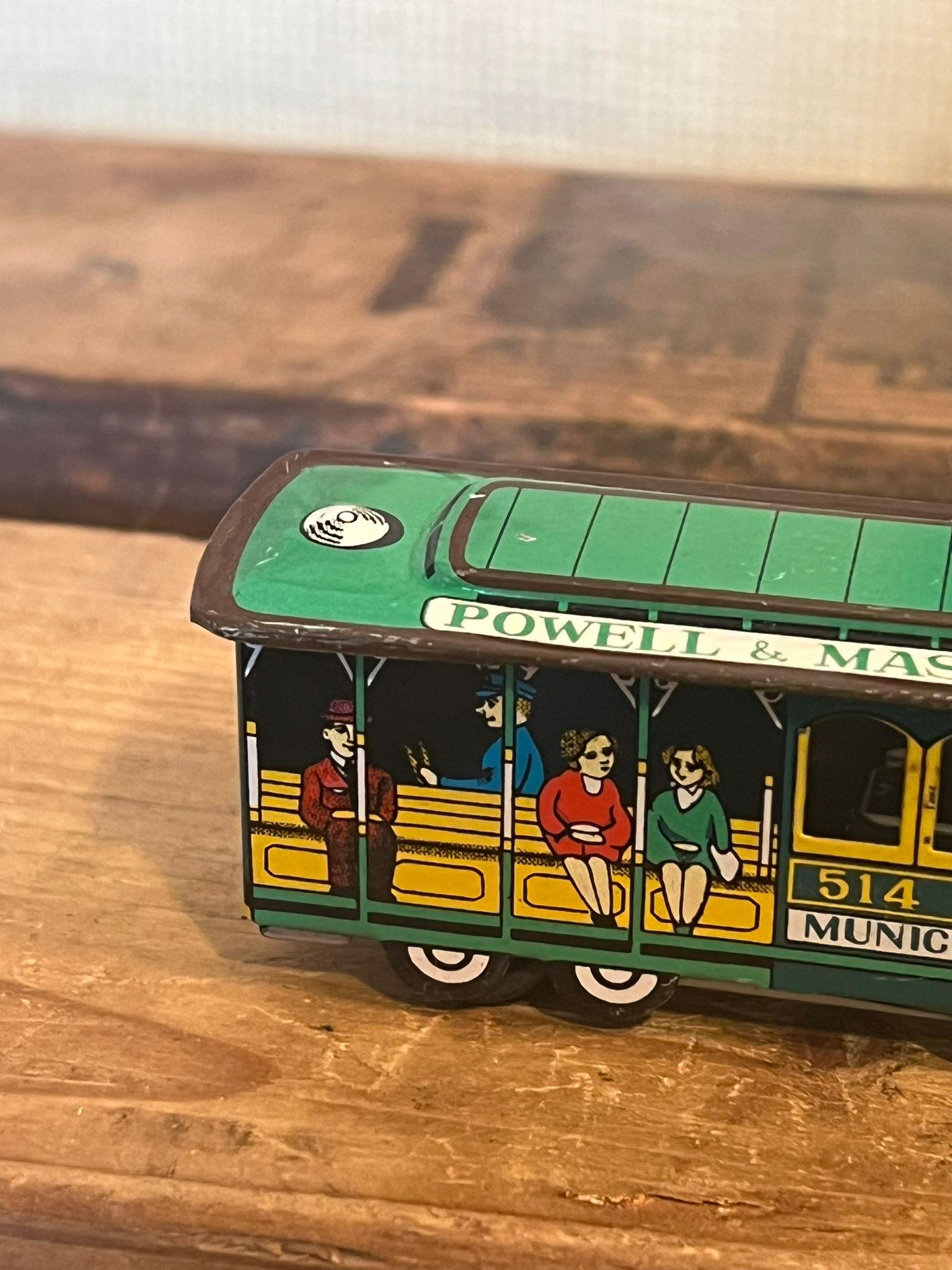 Mid-Century Modern Vintage Tin Toy Train Trolley Car Powell & Mason Sts. Municipal Railway 514 For Sale