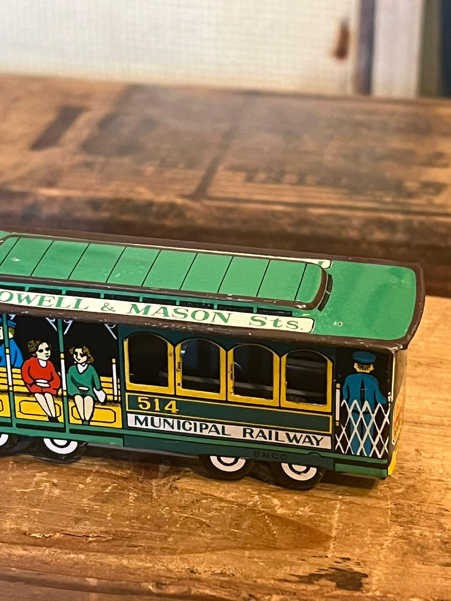 Vintage Tin Toy Train Trolley Car Powell & Mason Sts. Municipal Railway 514 In Good Condition For Sale In Seattle, WA