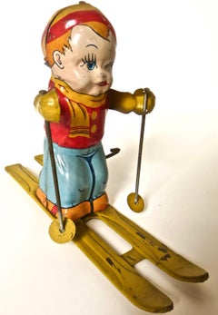 Vintage Tin Wind Up Toy "Boy Skier" by J. Chein & Co. American Circa 1950