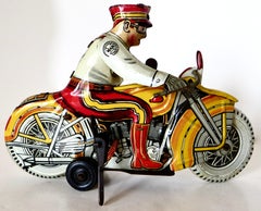 Juguete antiguo de hojalata de Louis Marx Toy Co. "Policía motorista" estadounidense, C.1938