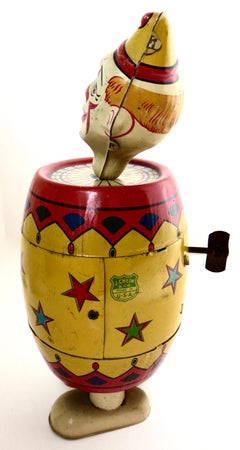 Vintage Tin Wind-up Toy "Clown in A Barrel" by J Chein & Co. American Circa 1935