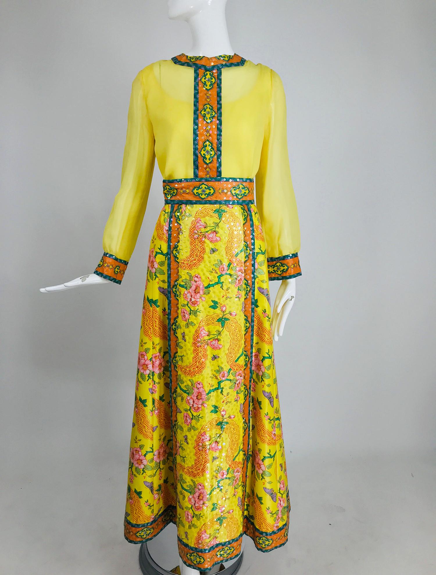 Vintage Tina Leser Original sequin, citrus bright print maxi skirt and blouse set from the 1960s. Tina Leser was known for her at home and resort wear in, novel for the time, combinations of fabrics and styles based on ethnic designs inspired by the