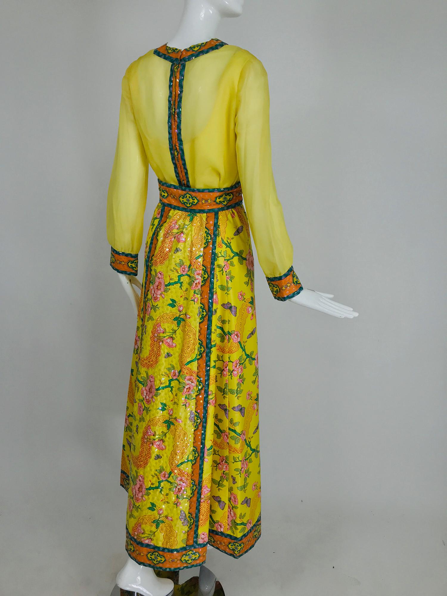 Yellow Vintage Tina Leser Original Sequin Citrus Bright Maxi Skirt and Blouse 1960s