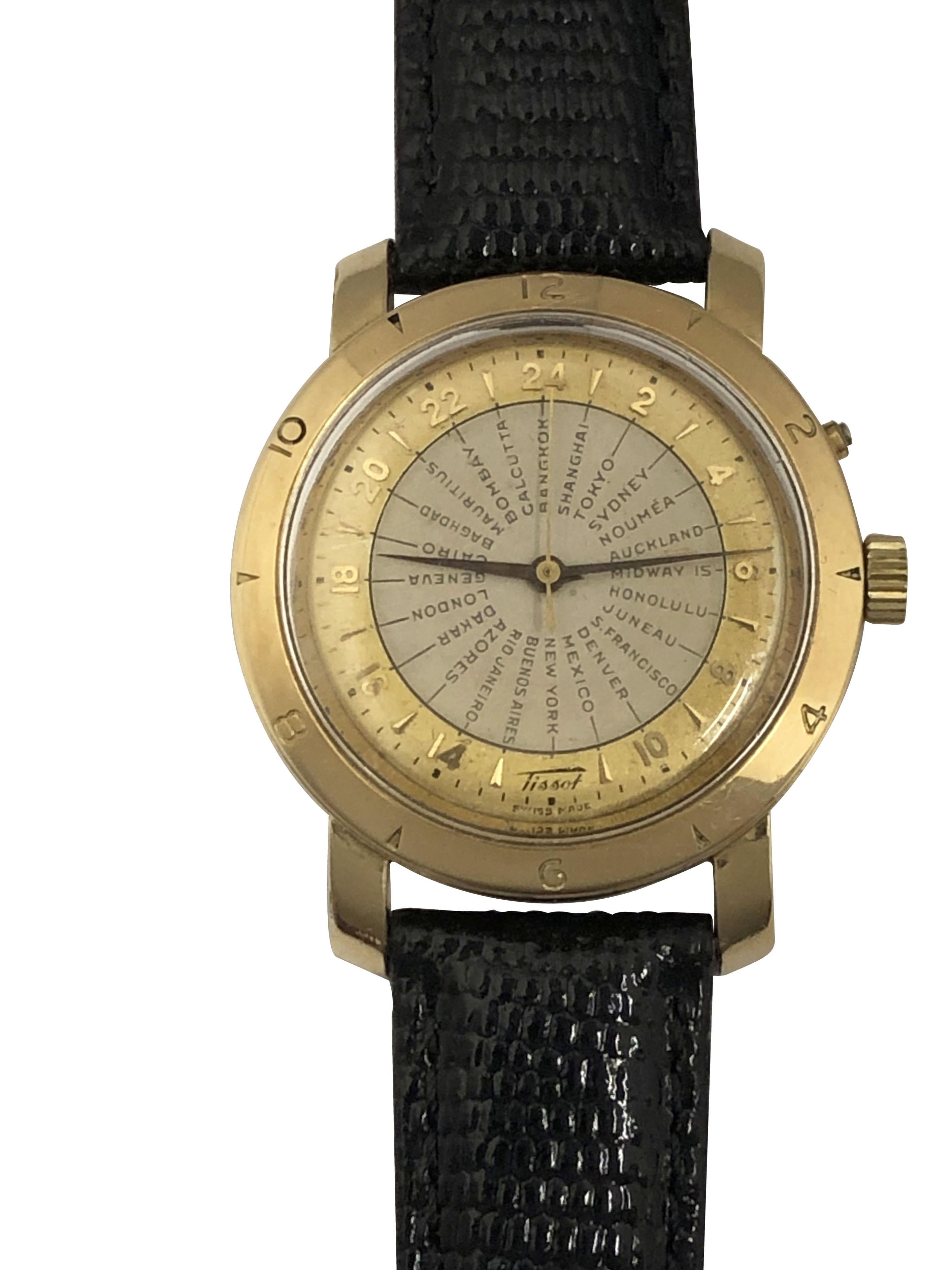 Circa mid 1950s Tissot Navigator, World Time Wrist Watch, 36 M.M. 3 piece case with Gold Filled top and Water Resistant Stainless Steel back. Caliber 28.5N-21 Automatic, Self Winding, Bumper movement. Original and Excellent condition Silver Satin