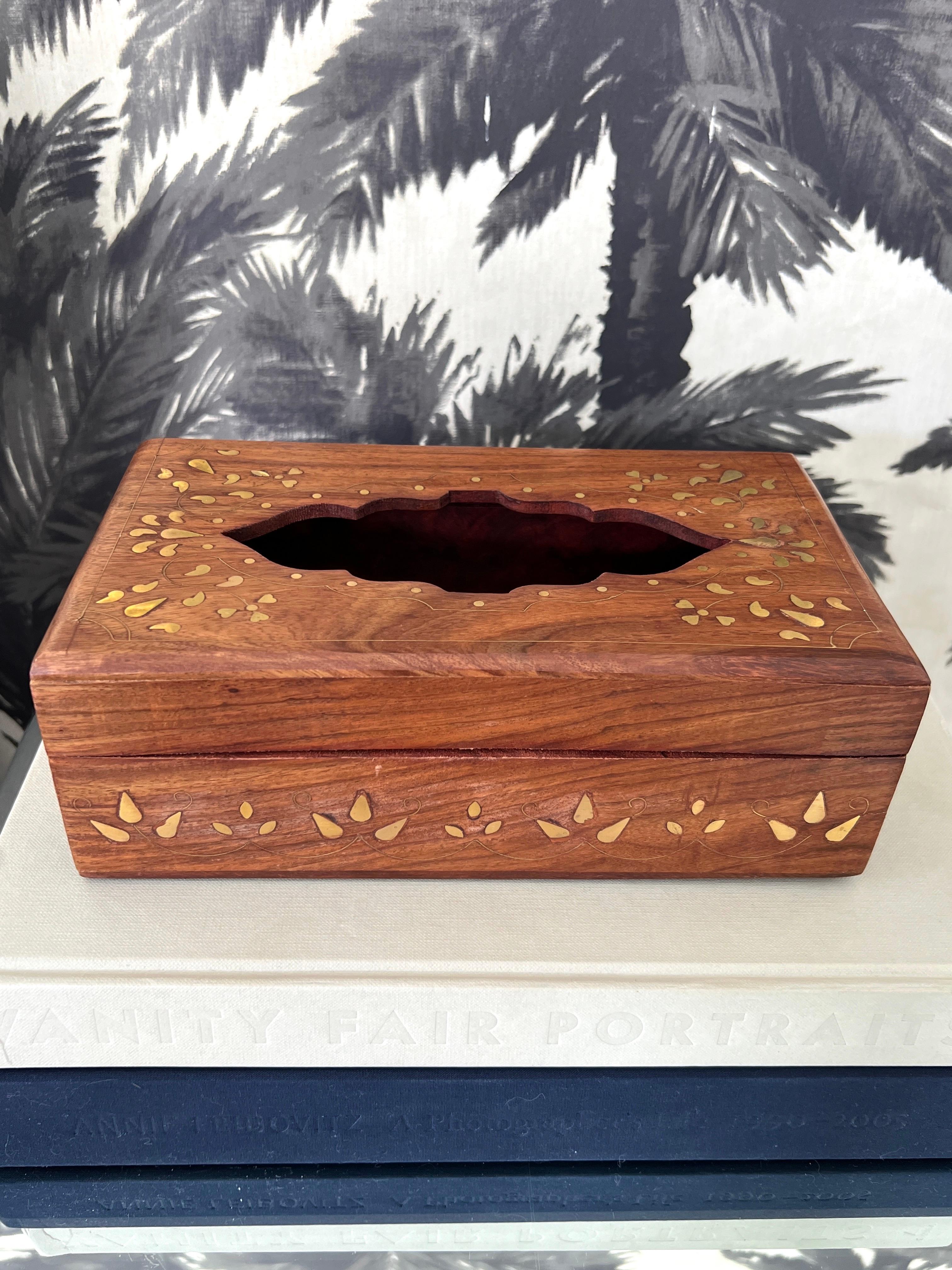 Vintage Tissue Box in Exotic Indian Rosewood with Brass Inlays For Sale 3