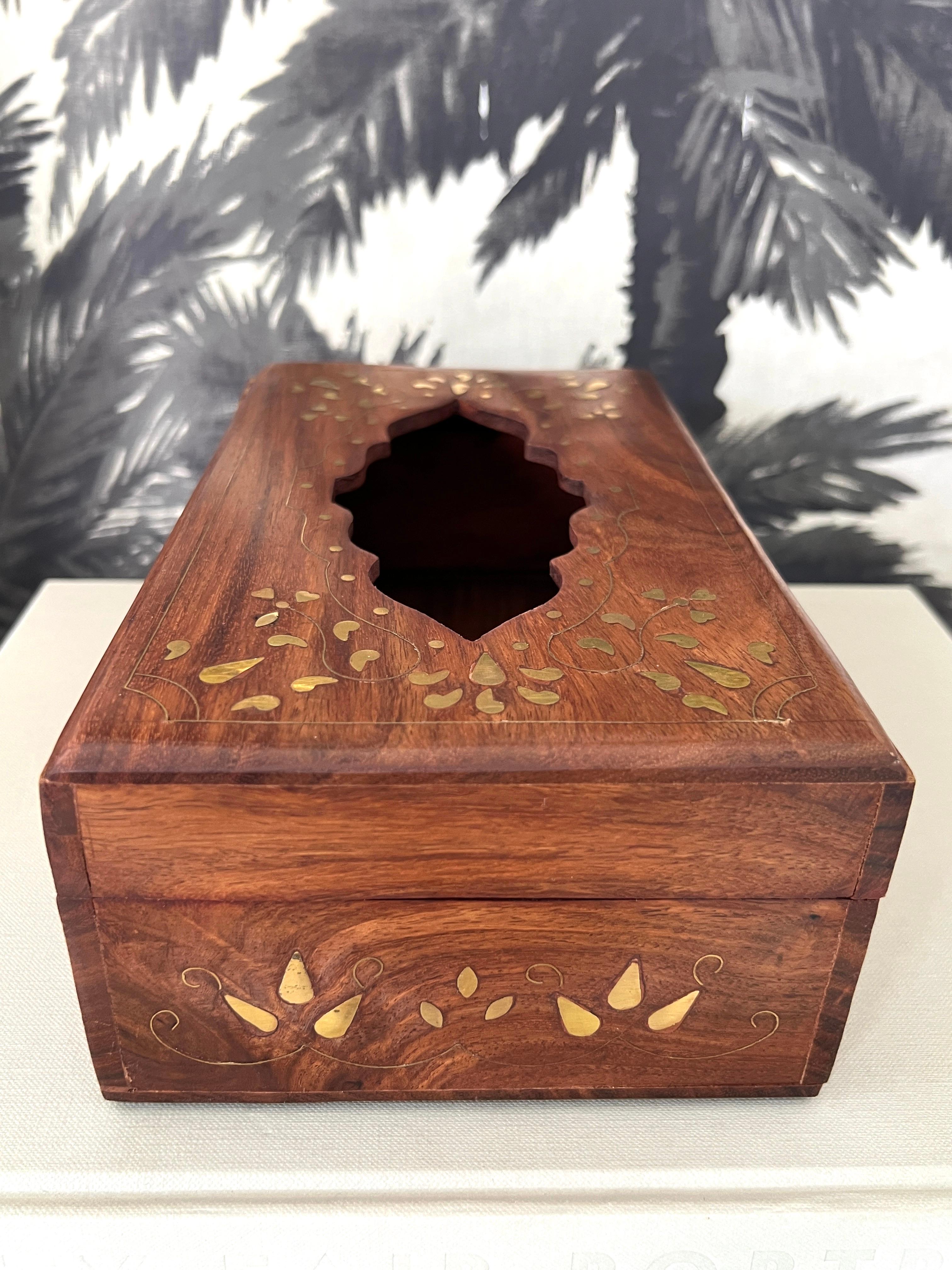 Vintage Tissue Box in Exotic Indian Rosewood with Brass Inlays For Sale 4