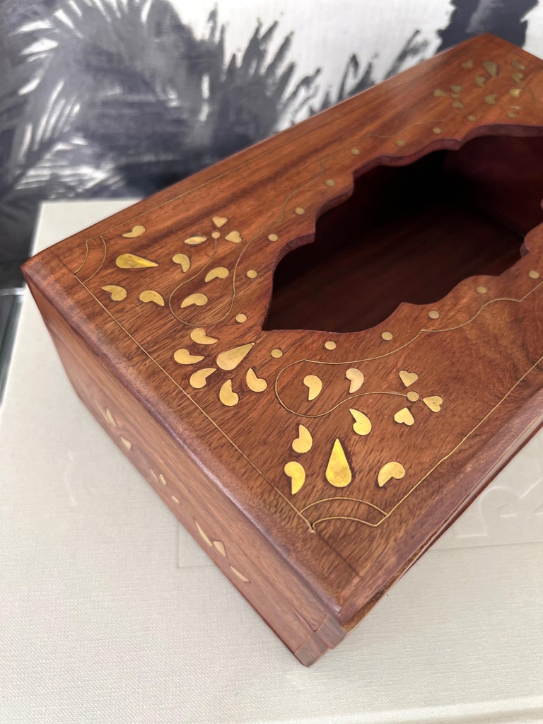 Vintage Tissue Box in Exotic Indian Rosewood with Brass Inlays For Sale 6