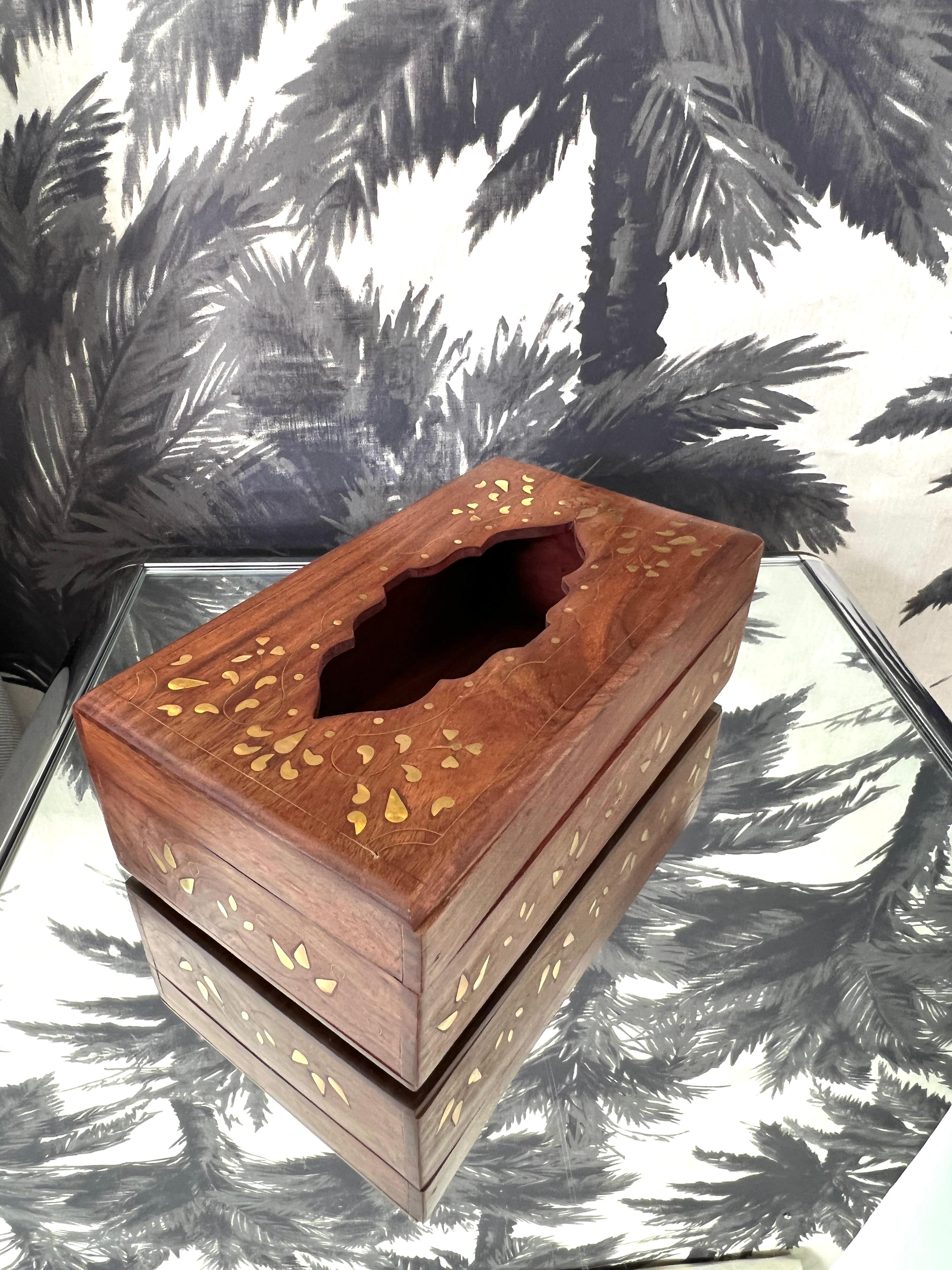 Anglo-Indian Vintage Tissue Box in Exotic Indian Rosewood with Brass Inlays For Sale