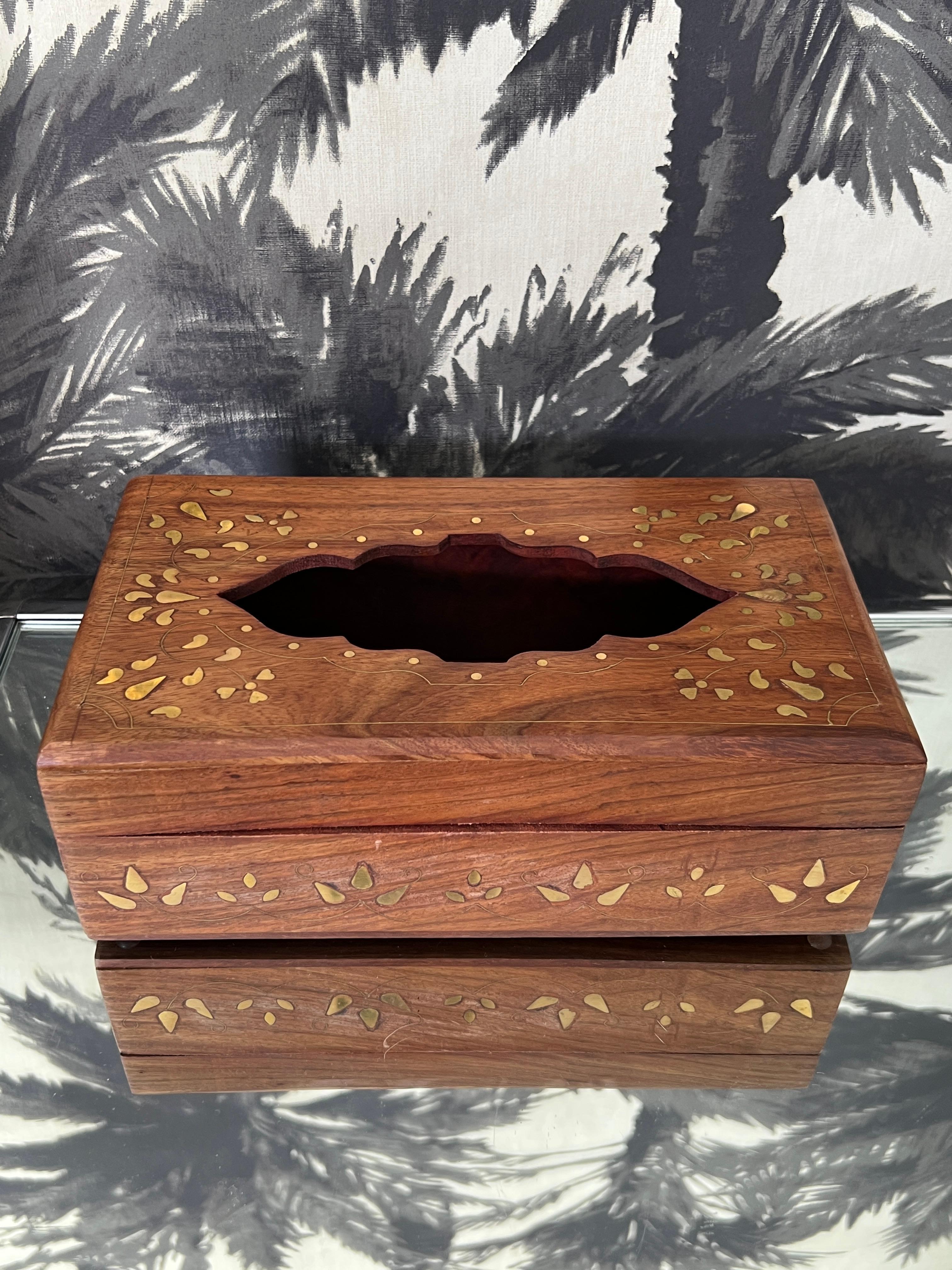 Anglo-Indian Vintage Tissue Box in Exotic Indian Rosewood with Brass Inlays For Sale