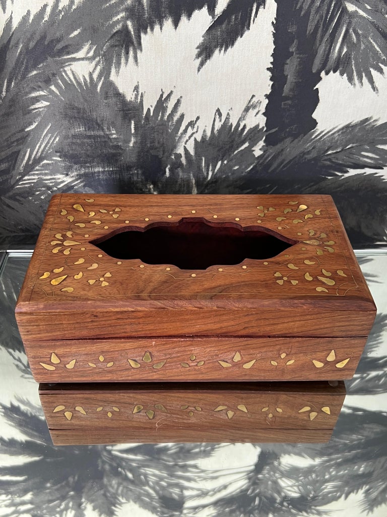 Hand-Carved Vintage Tissue Box in Exotic Indian Rosewood with Brass Inlays For Sale