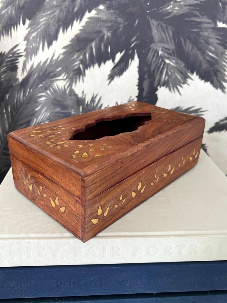 Vintage Tissue Box in Exotic Indian Rosewood with Brass Inlays For Sale 3