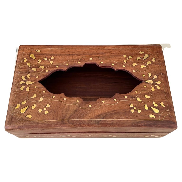 Vintage Tissue Box in Exotic Indian Rosewood with Brass Inlays For Sale