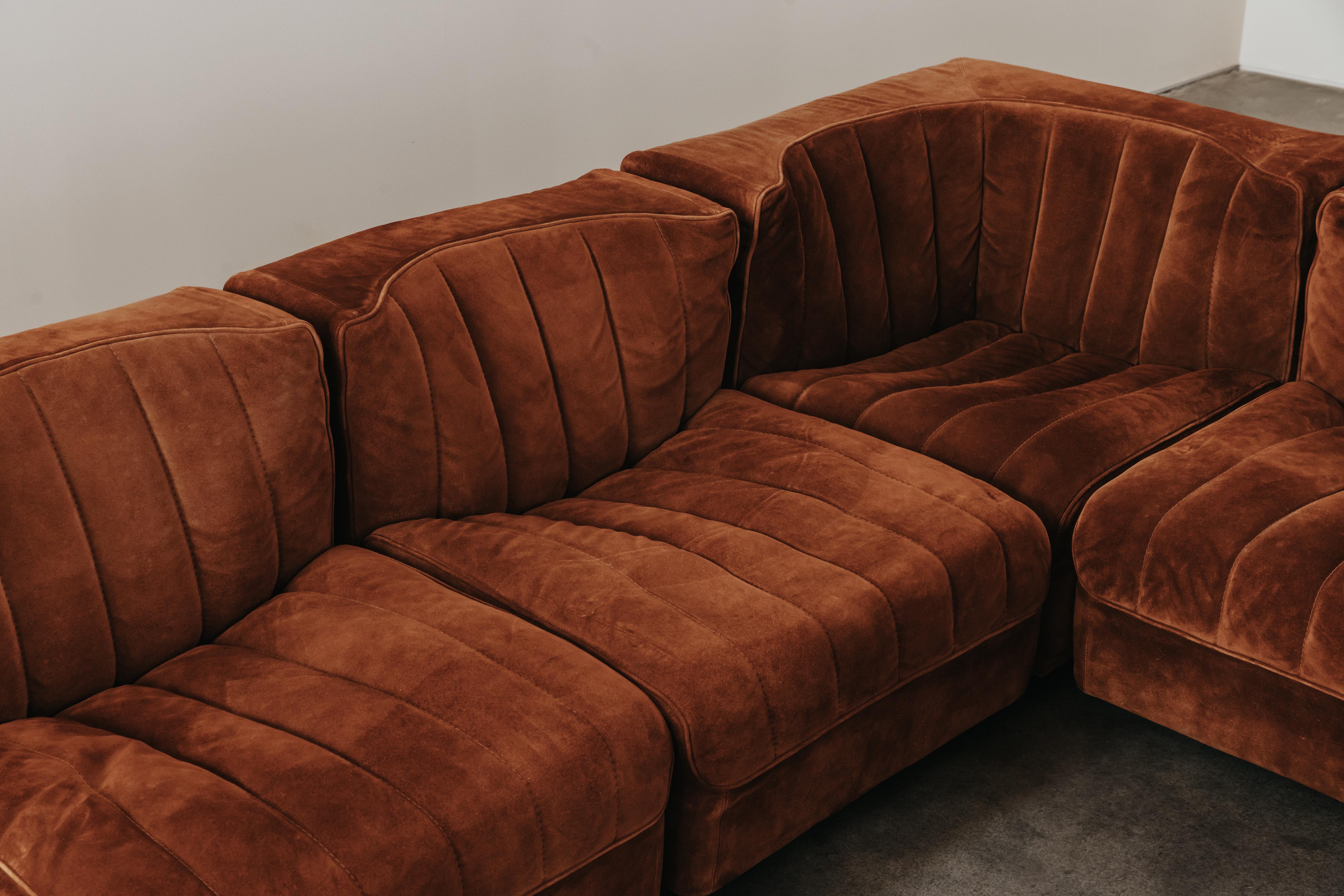 Vintage Tito Agnoli Suede Leather Modular Sofa by Arflex, 1968.  Original copper colored suede leather upholstery with superb patina.
