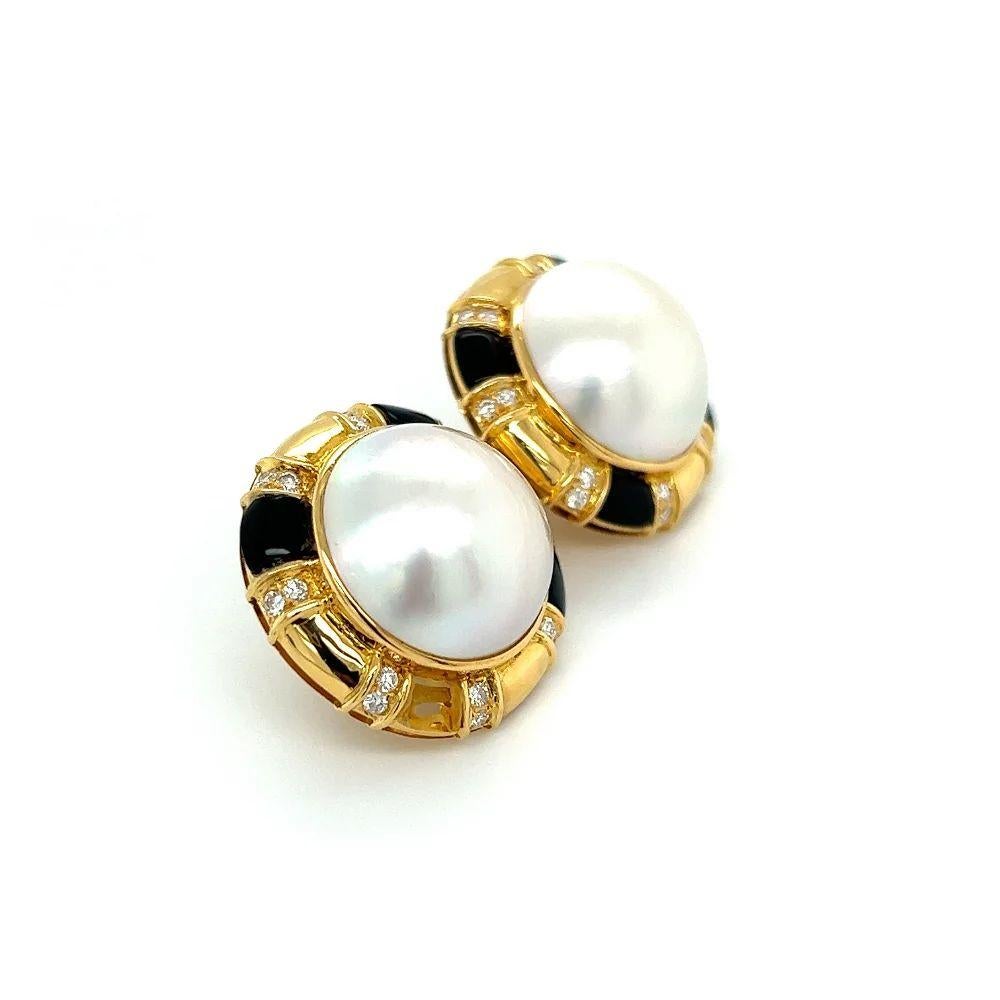 Simply Beautiful! High Quality Vintage TIVOL Designer Mabe Pearl Alternating Onyx and Diamond Gold Earrings. Securely Hand set with Mabe Pearls, alternating Onyx and Diamonds, weighing approx. 0.80tcw. Post and Friction backs. Hand crafted in 18K