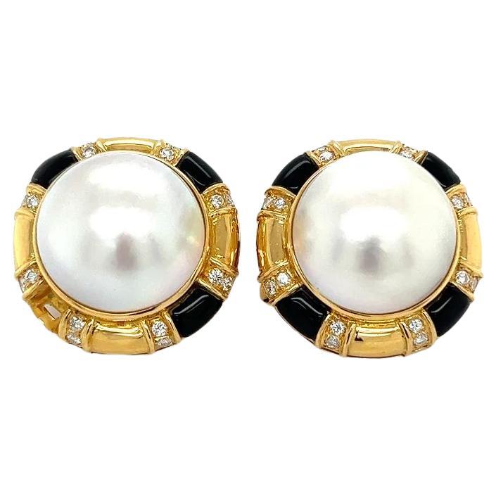 Vintage TIVOL Designer Mabe Pearl Alternating Onyx and Diamond Gold Earrings For Sale
