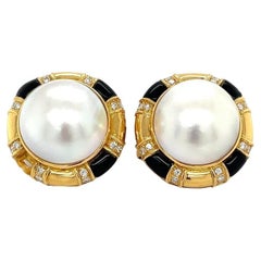 Vintage TIVOL Designer Mabe Pearl Alternating Onyx and Diamond Gold Earrings