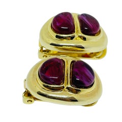 Vintage TJM Usa signed gold red glass gemstones massive designer clip earrings