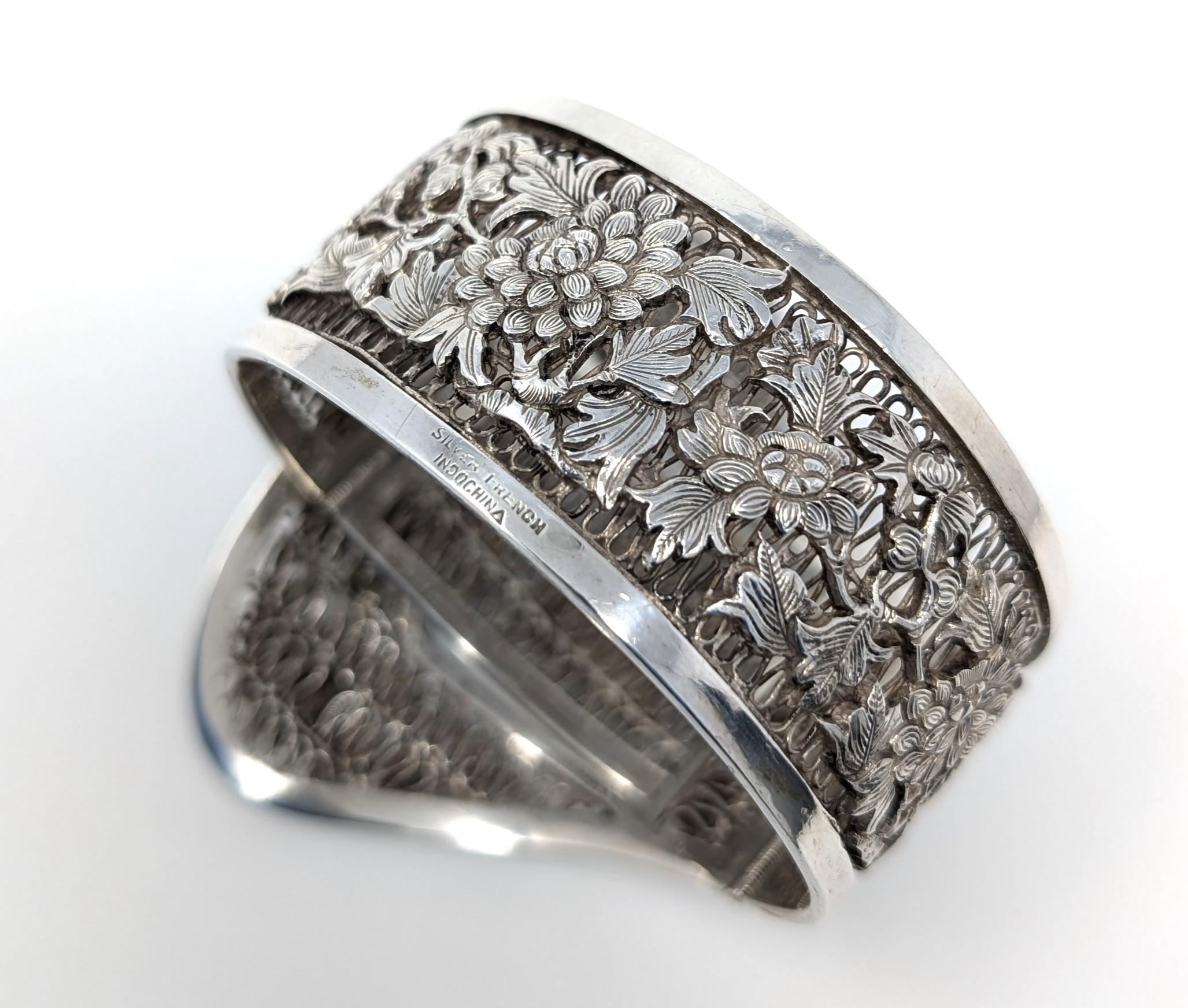 Manchette manchette vintage en argent sterling filigrane de style indochine ancienne en vente 1