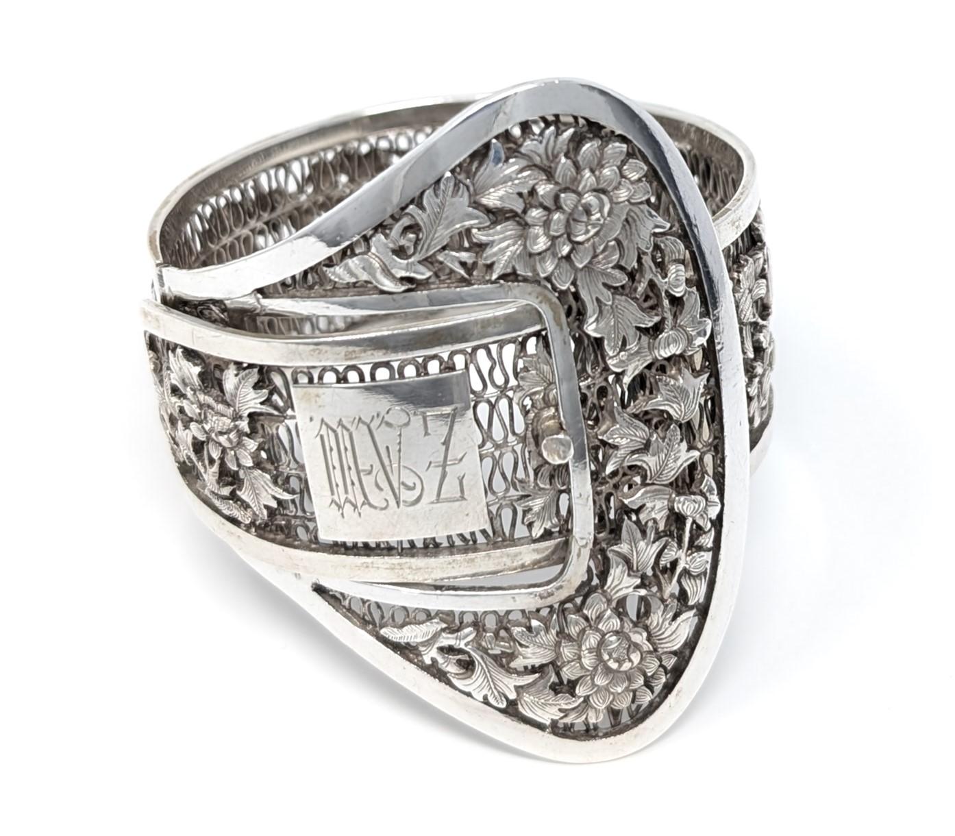 Manchette manchette vintage en argent sterling filigrane de style indochine ancienne en vente 2