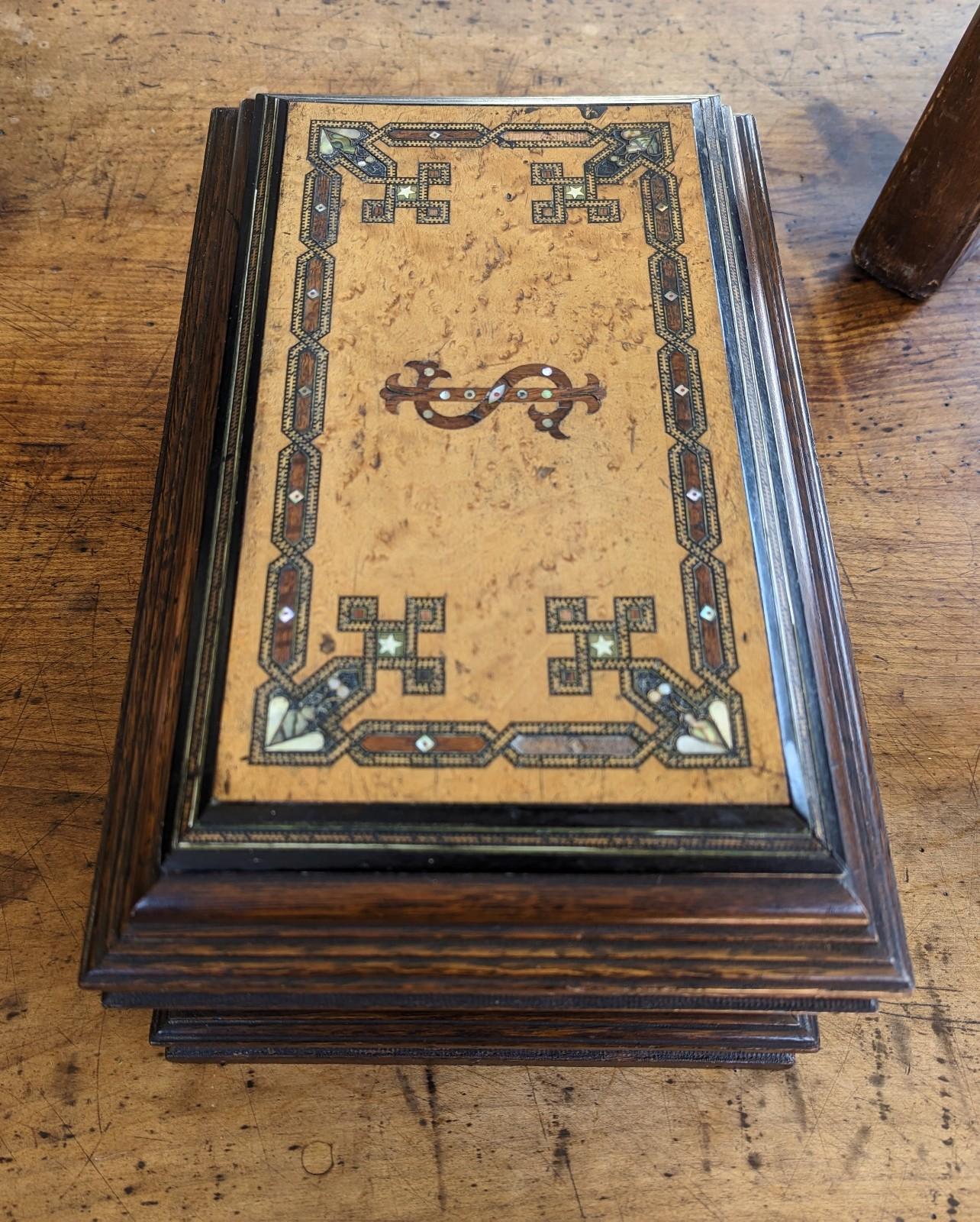 Edwardian Vintage to Antique Wood Box with Hidden Compartments Marquetry Inlay MOP For Sale