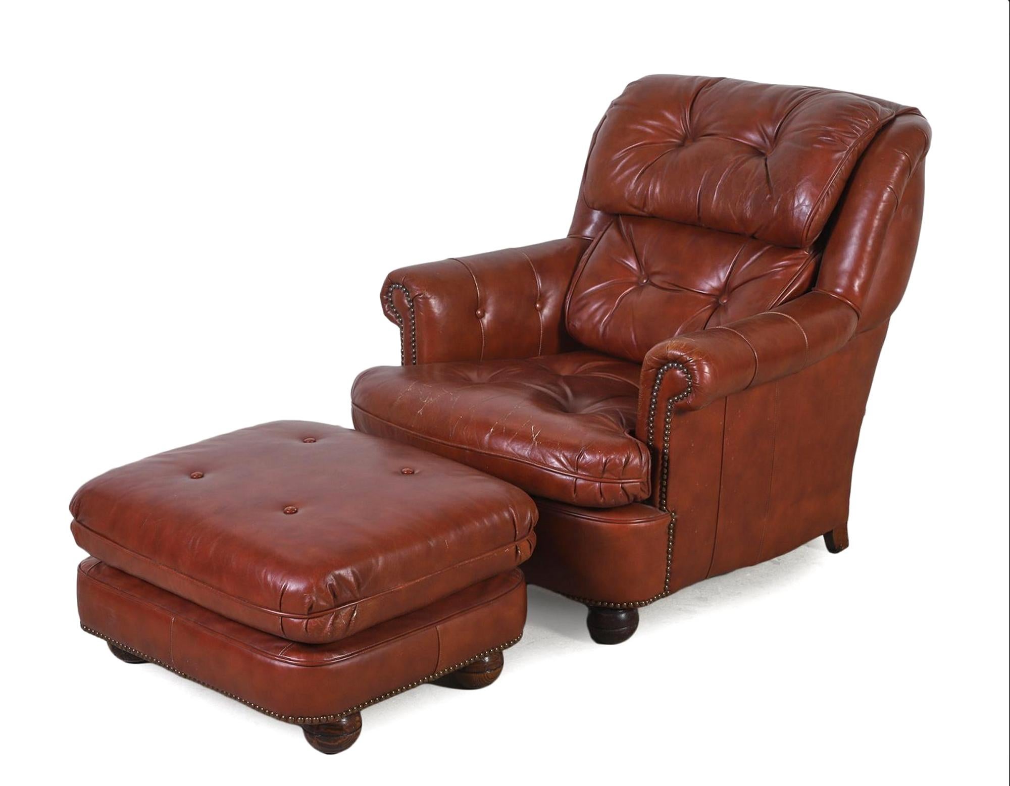 Vintage Classic Leather Company Lounge Chair and Ottoman

The lounge chair and ottoman are upholstered in beautifully tufted tobacco leather with a  nail-head trim and bun feet.

Dimensions: 32 inches high x 33 inches wide x 32