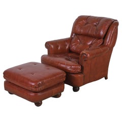 Chaise longue et pouf en cuir vintage brun tabac
