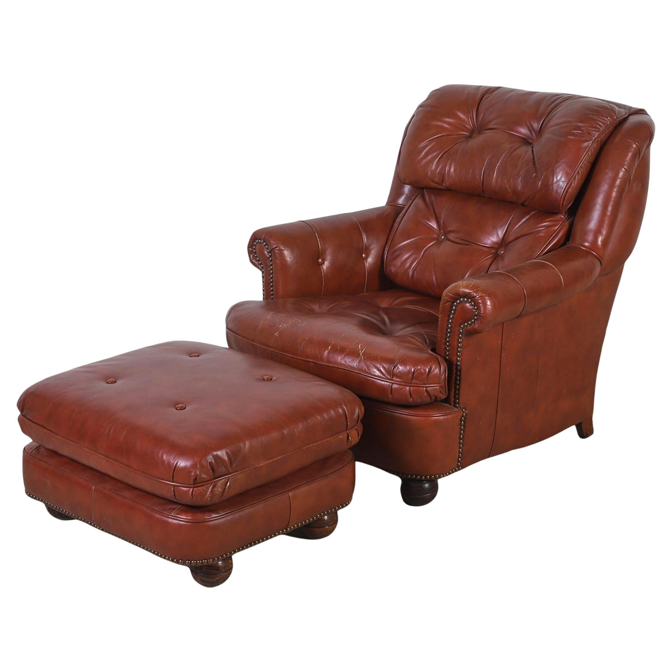 Vintage Tobacco Brown Leather Lounge Chair and Ottoman