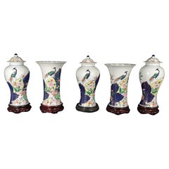 Vintage Tobacco Leaf Porcelain Garniture of Five Vases
