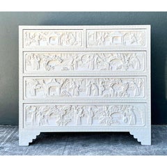 Vintage Todd Hase Asian Carved Relief Chest of Drawers