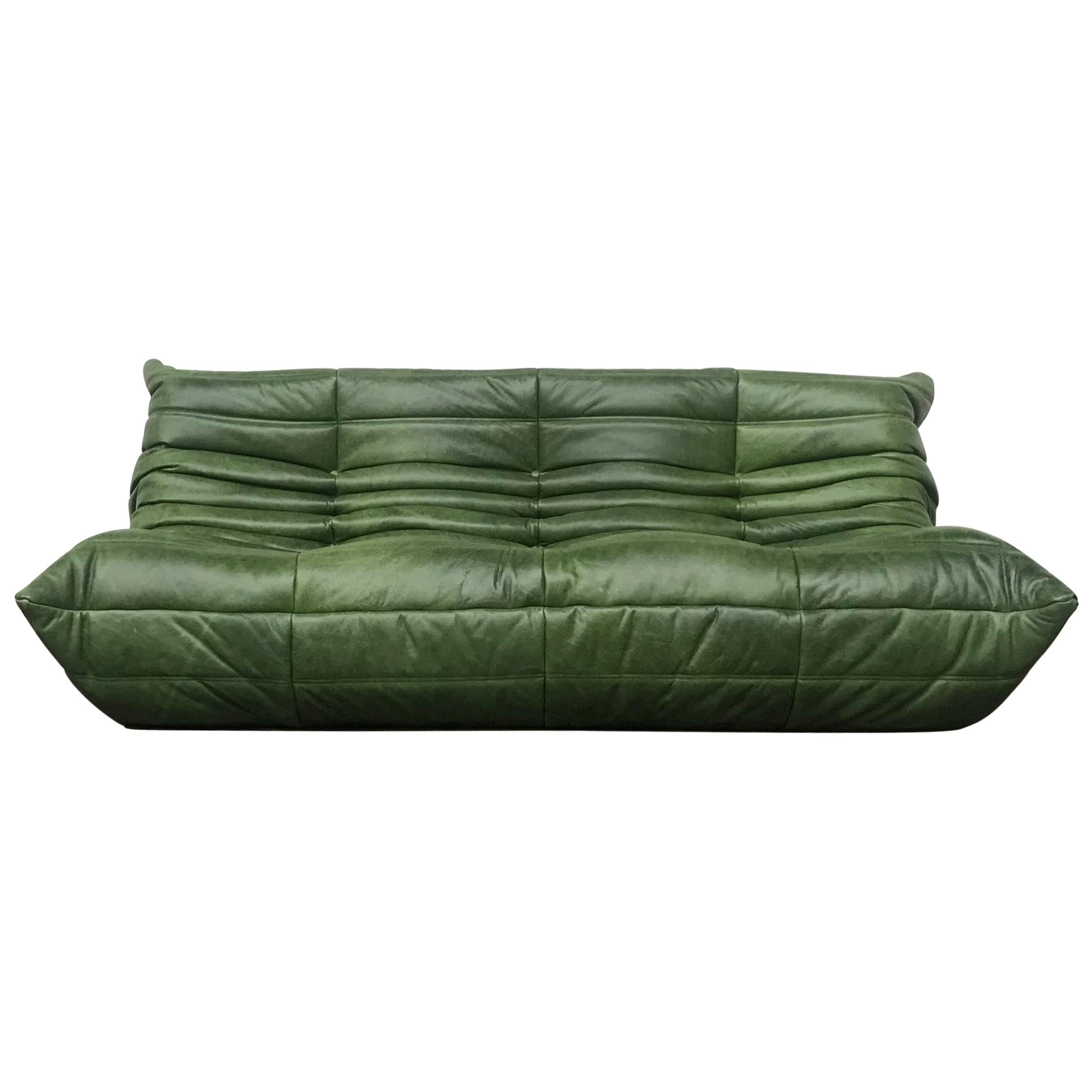 Vintage Togo-3-Seat in Forest Green Leather by Michel Ducaroy for Ligne Roset For Sale