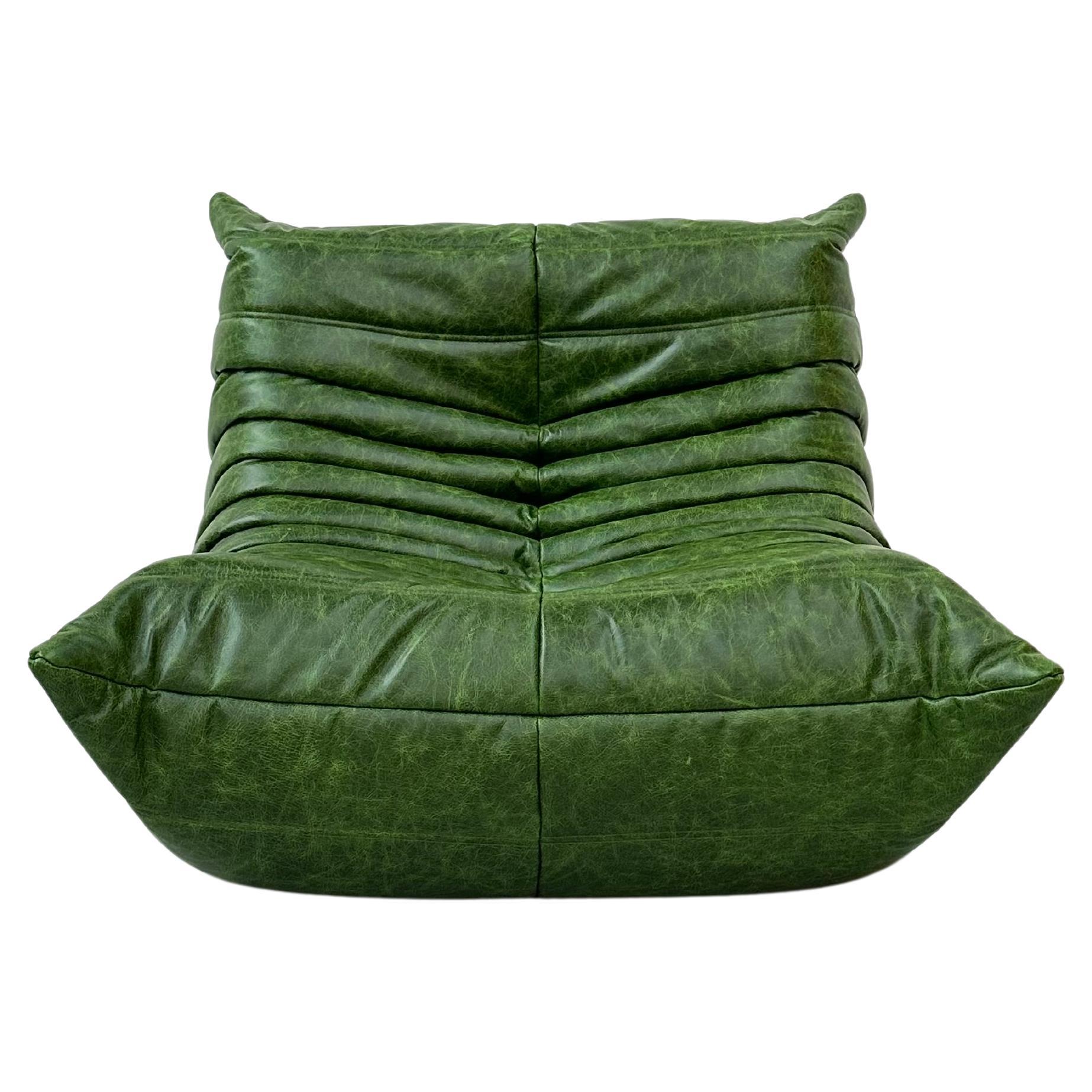 Vintage Togo Chair in Forest Green Leather by Michel Ducaroy for Ligne Roset.