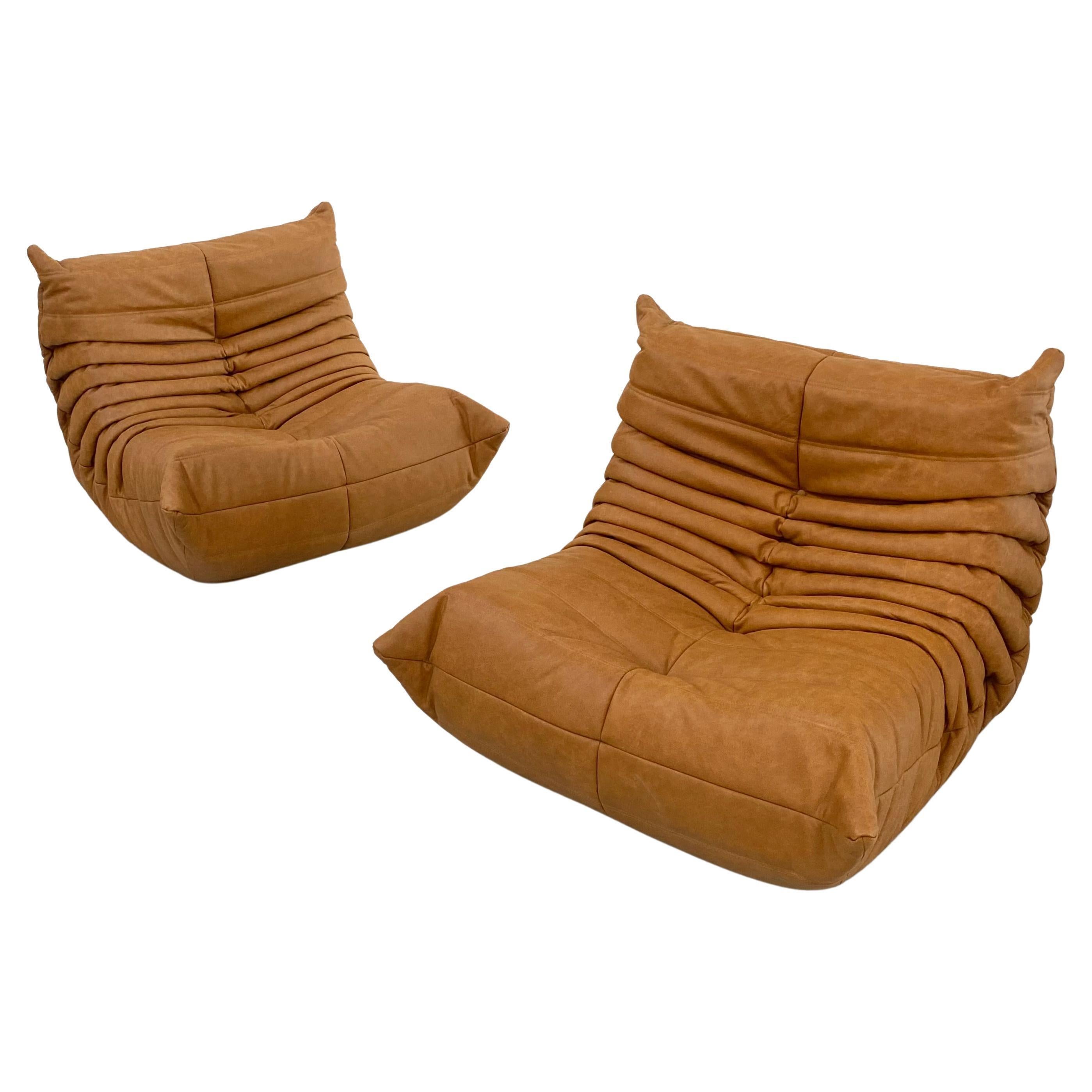 20th Century Vintage Togo Chairs in Cognac Leather by M.Ducaroy for Ligne Roset, Set of 2