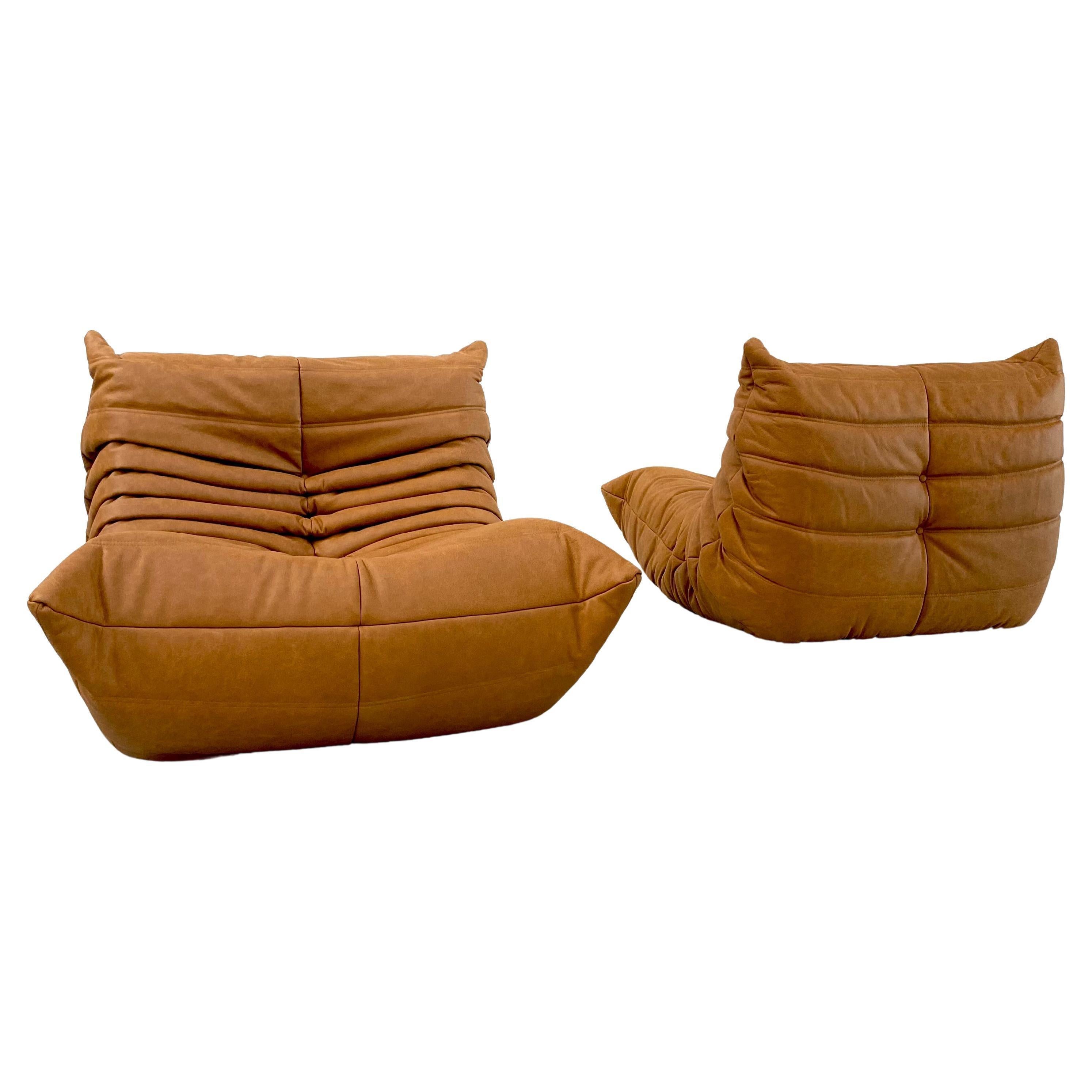 Vintage Togo Chairs in Cognac Leather by M.Ducaroy for Ligne Roset, Set of 2 1