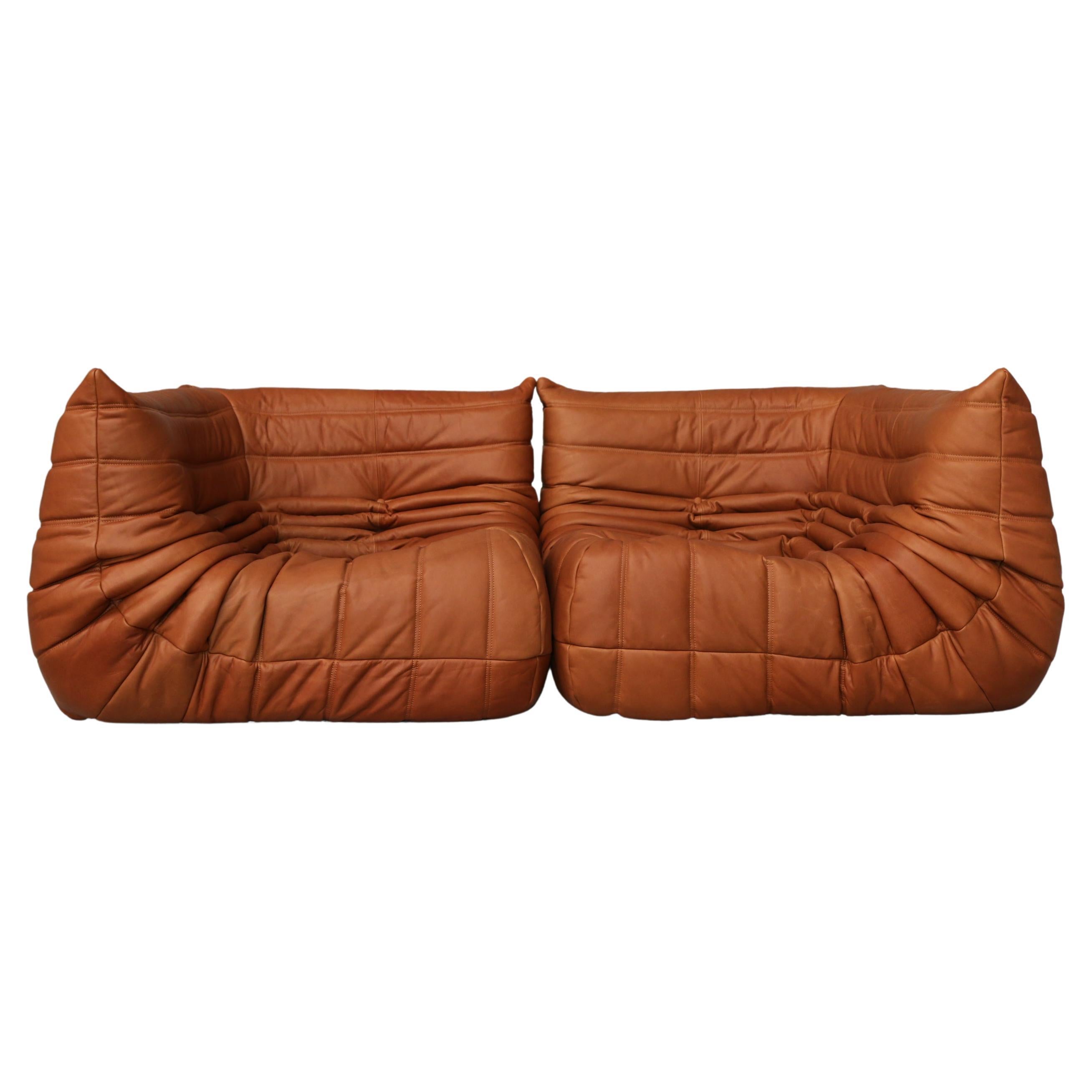 Vintage Togo Ligne Roset Lounge sofa Design 1973 Cognac Full Grain Leather