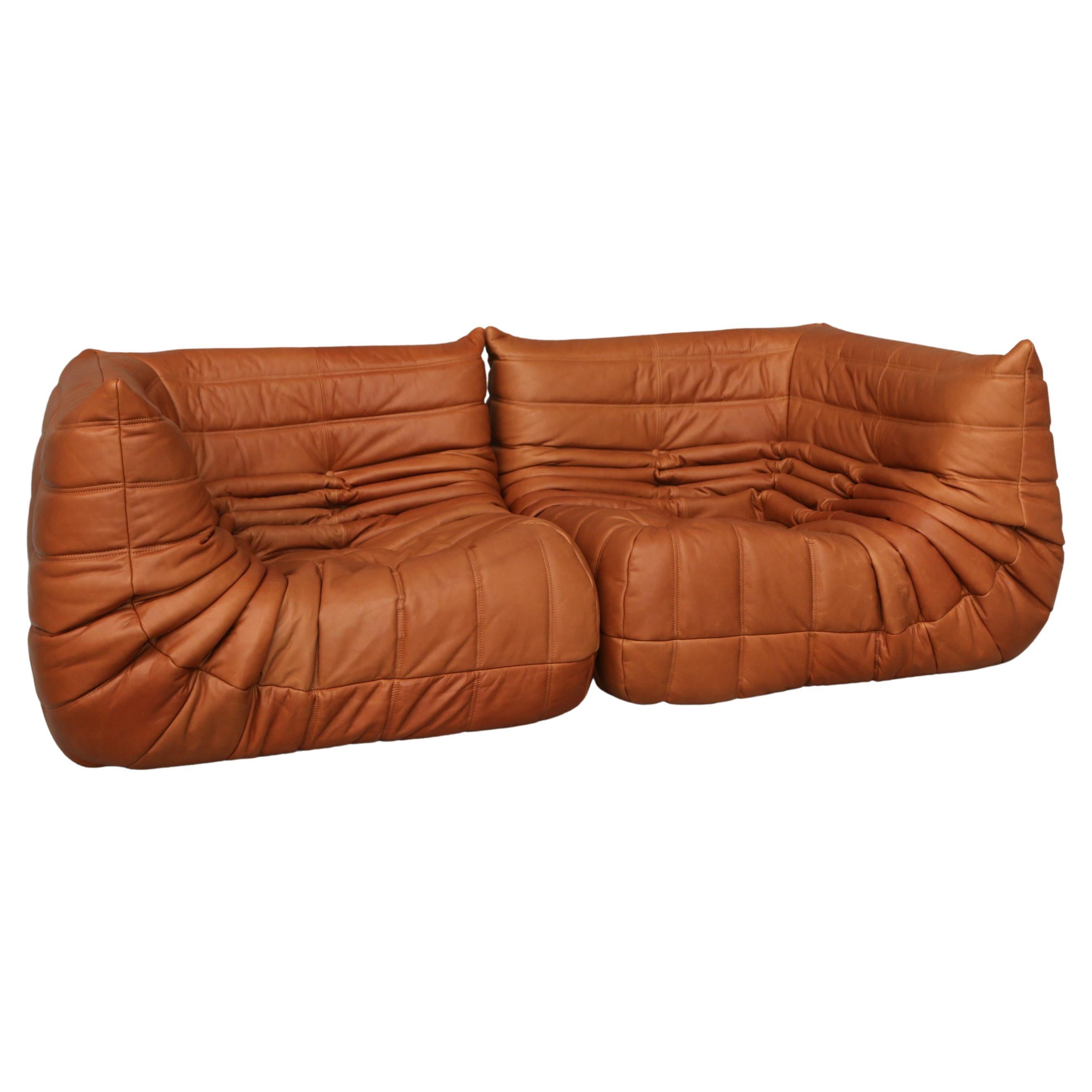 Vintage Togo Ligne Roset Lounge sofa Design 1973 in Cognac Full Grain