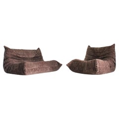 Vintage Togo Ligne Roset Sofa Set Brown Velvet 1984, Michel Ducaroy