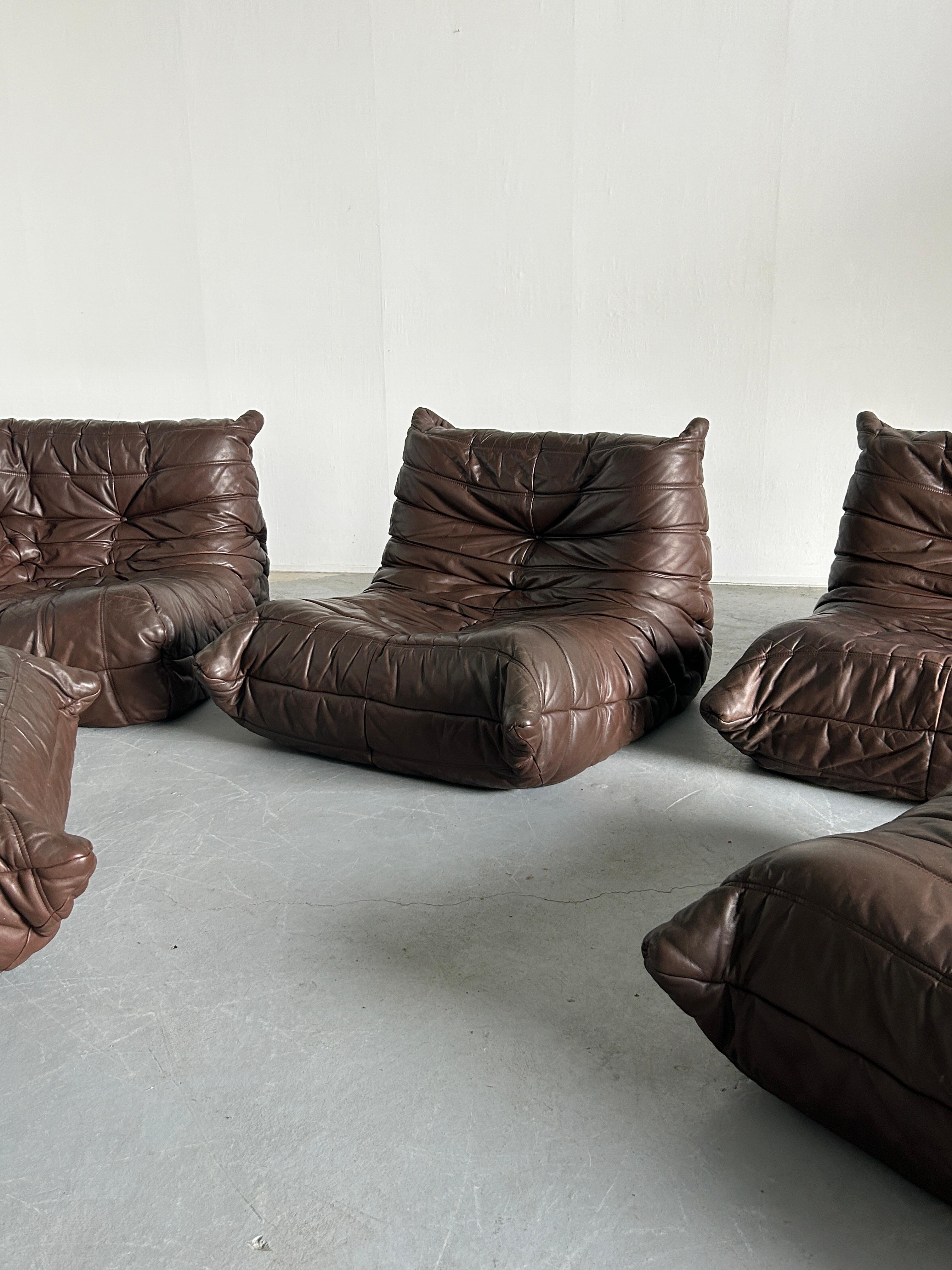 Vintage 'Togo' Set in Brown Leather, Michel Ducaroy for Ligne Roset, 1970s For Sale 5