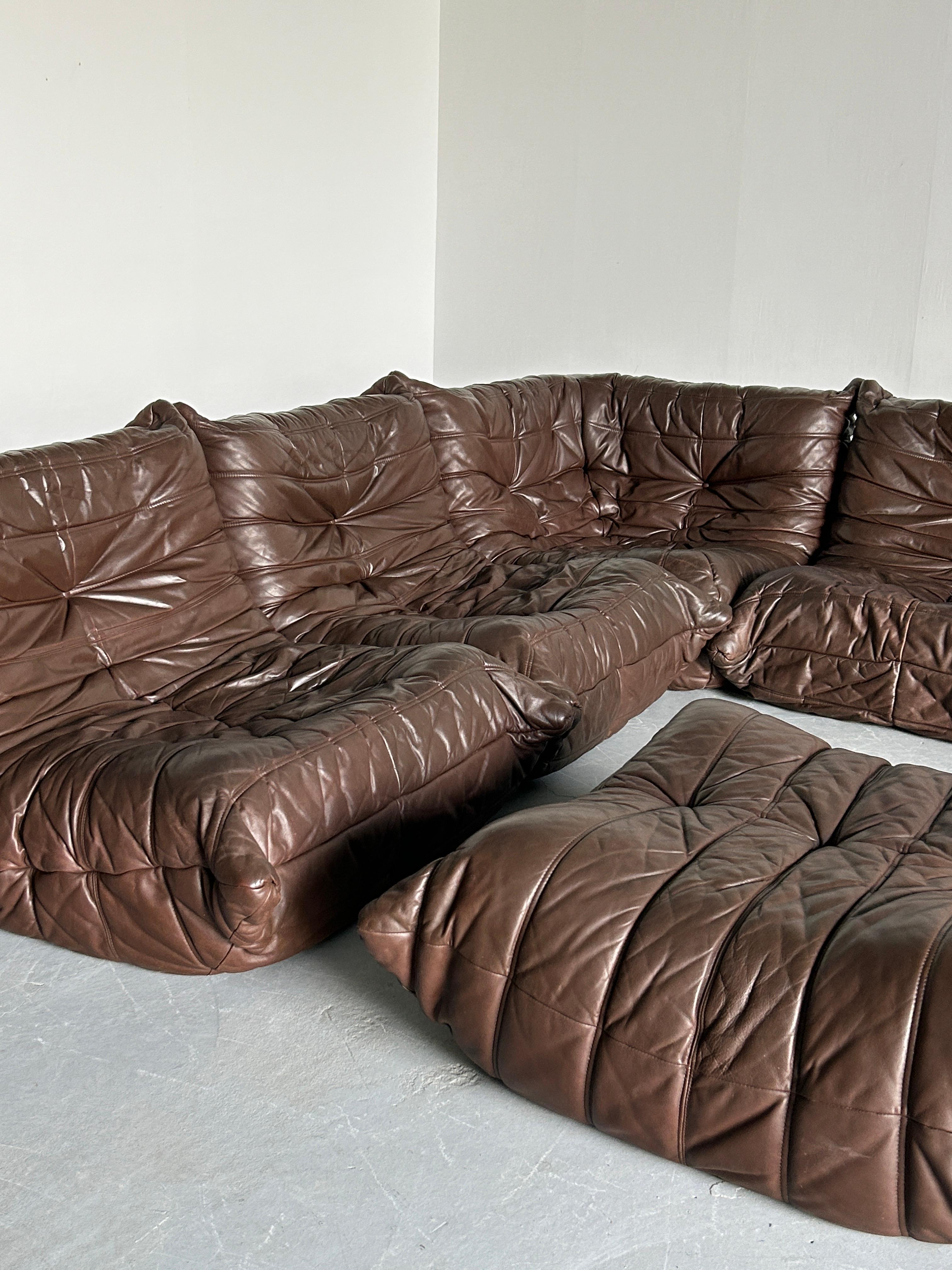 Late 20th Century Vintage 'Togo' Set in Brown Leather, Michel Ducaroy for Ligne Roset, 1970s For Sale