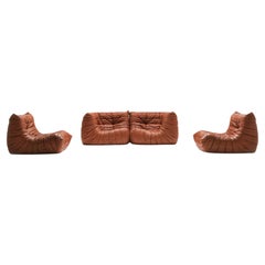 Vintage Togo Set in Original Orange Leather by Michel Ducaroy for Ligne Roset