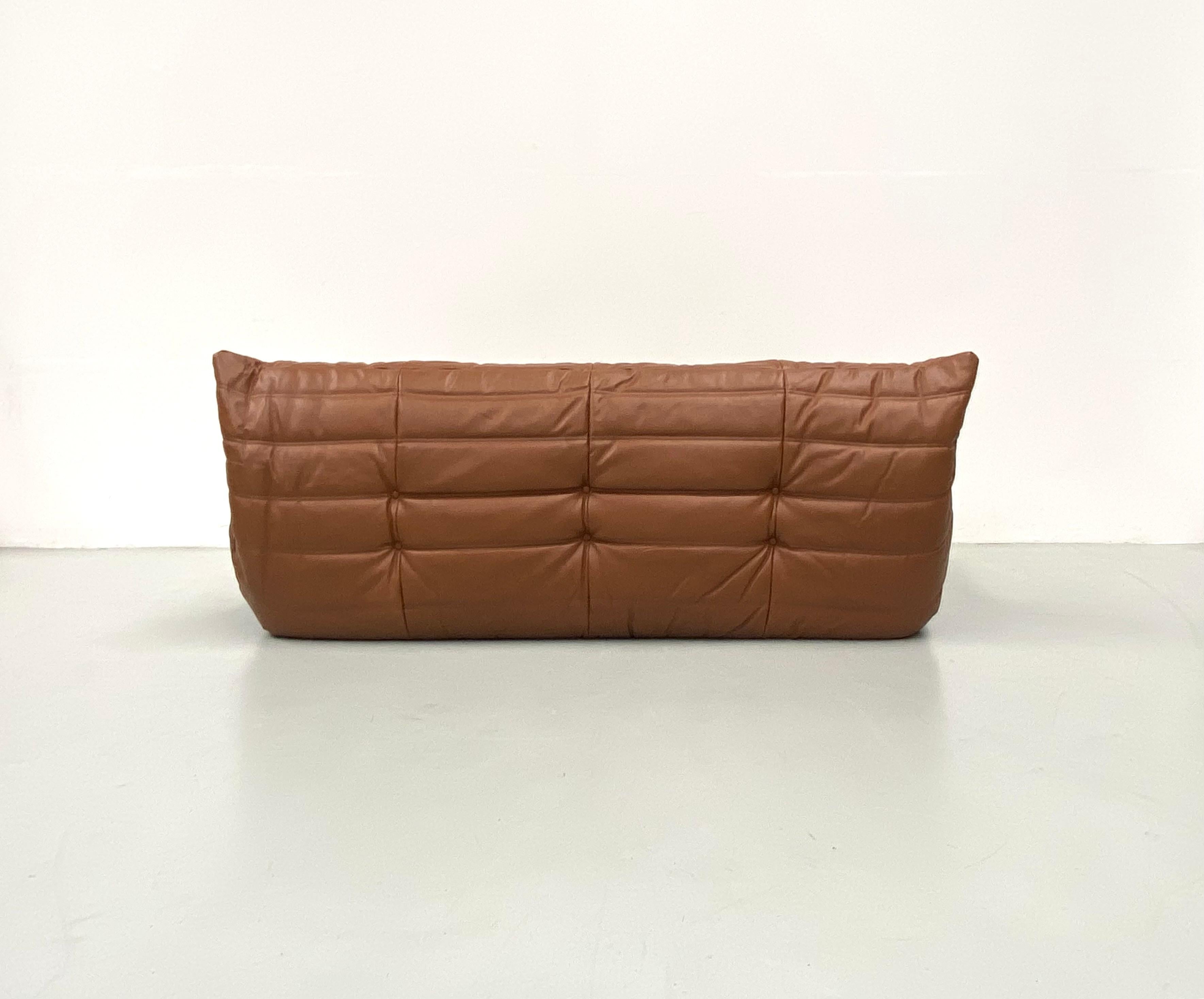 French Vintage Togo Sofa in Dark Cognac Leather by M. Ducaroy for Ligne Roset, 1970s