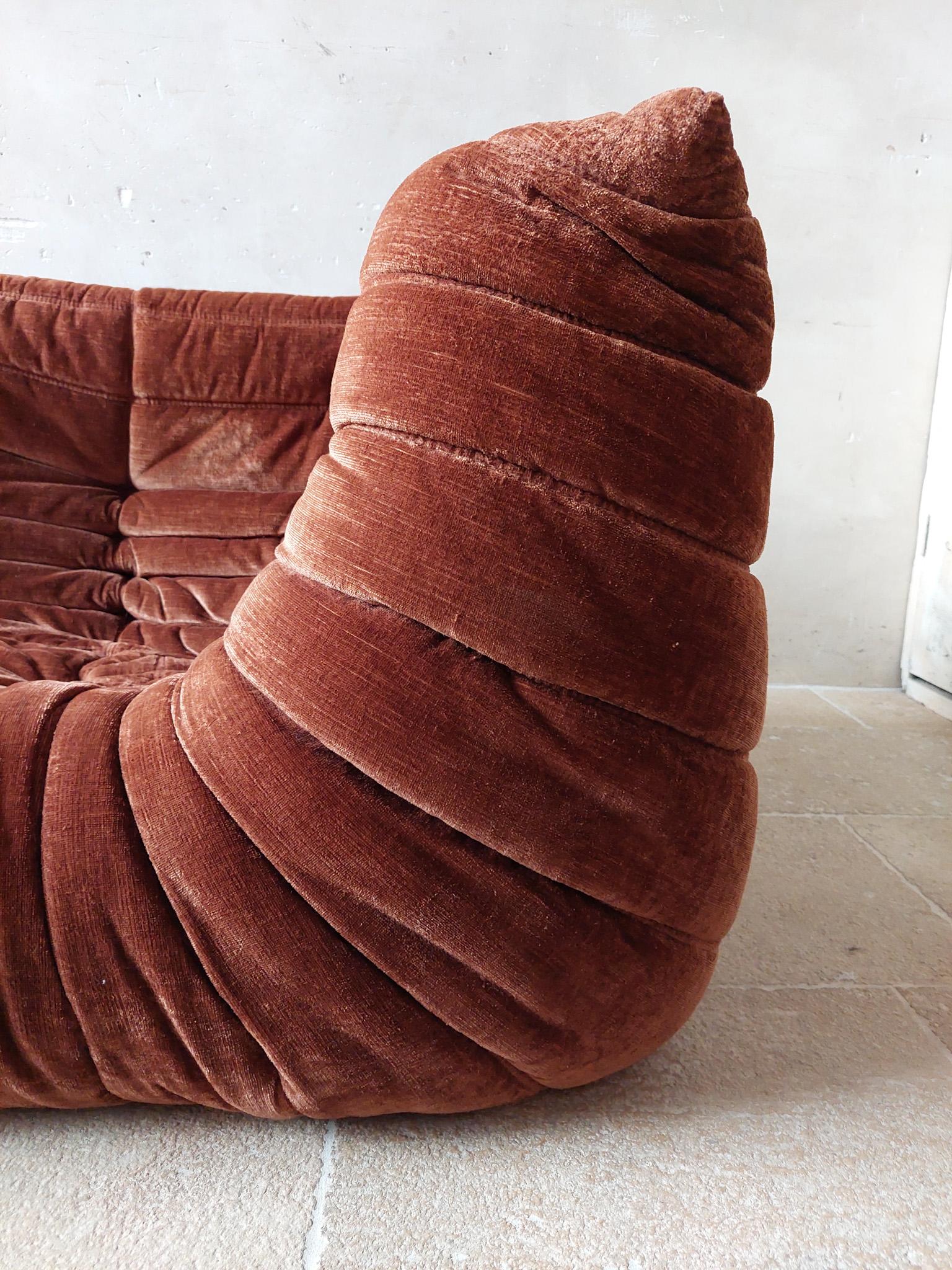 Vintage Togo Sofa Set in Cognan Brown Velvet by Michel Ducaroy for Ligne Roset For Sale 5