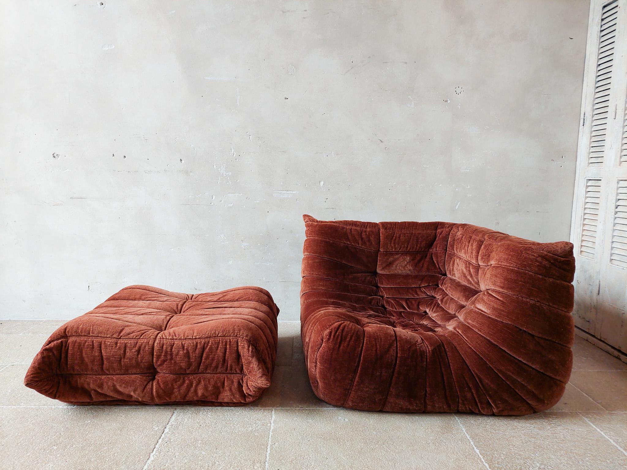 French Vintage Togo Sofa Set in Cognan Brown Velvet by Michel Ducaroy for Ligne Roset For Sale