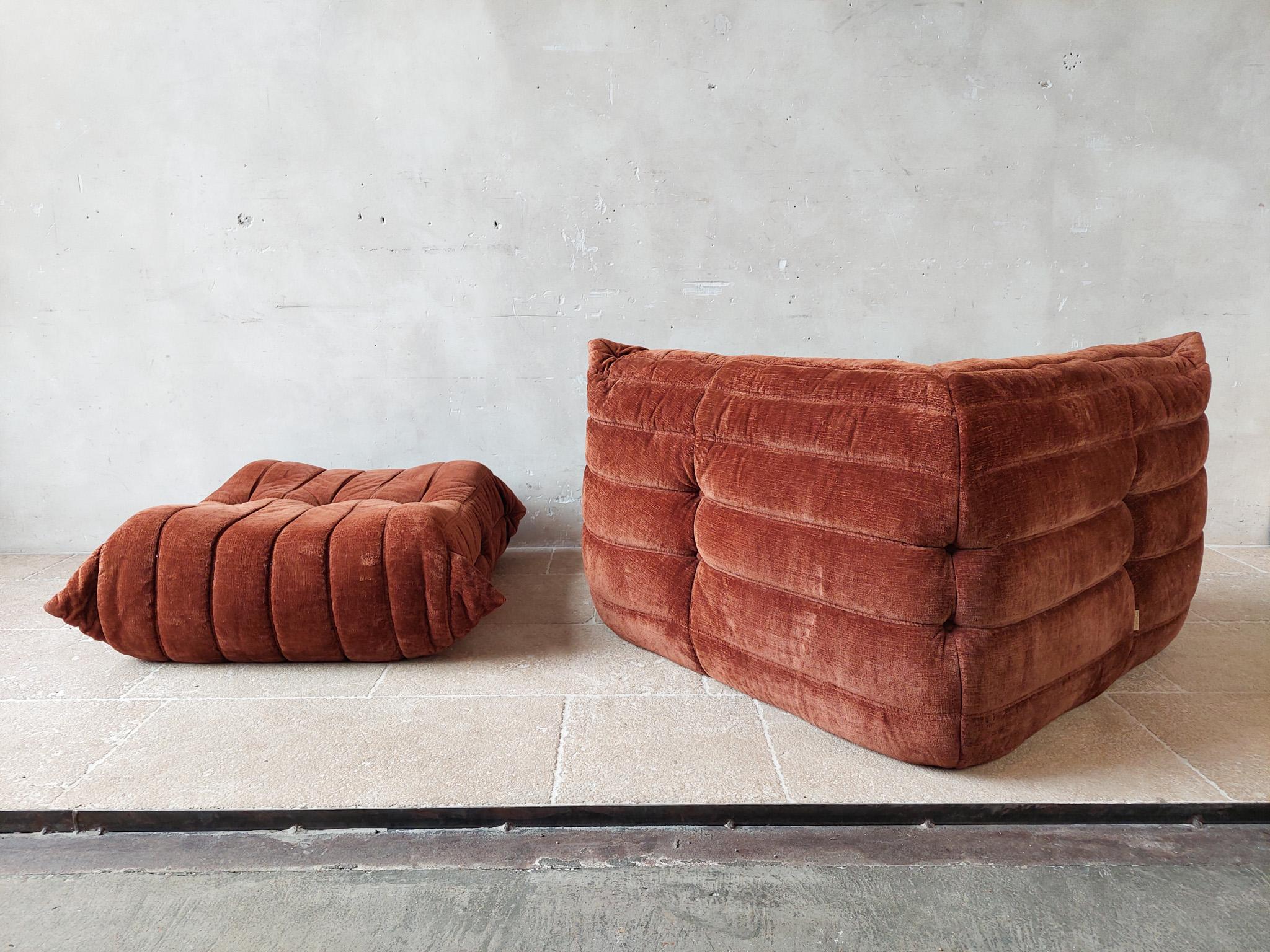 Fabric Vintage Togo Sofa Set in Cognan Brown Velvet by Michel Ducaroy for Ligne Roset For Sale