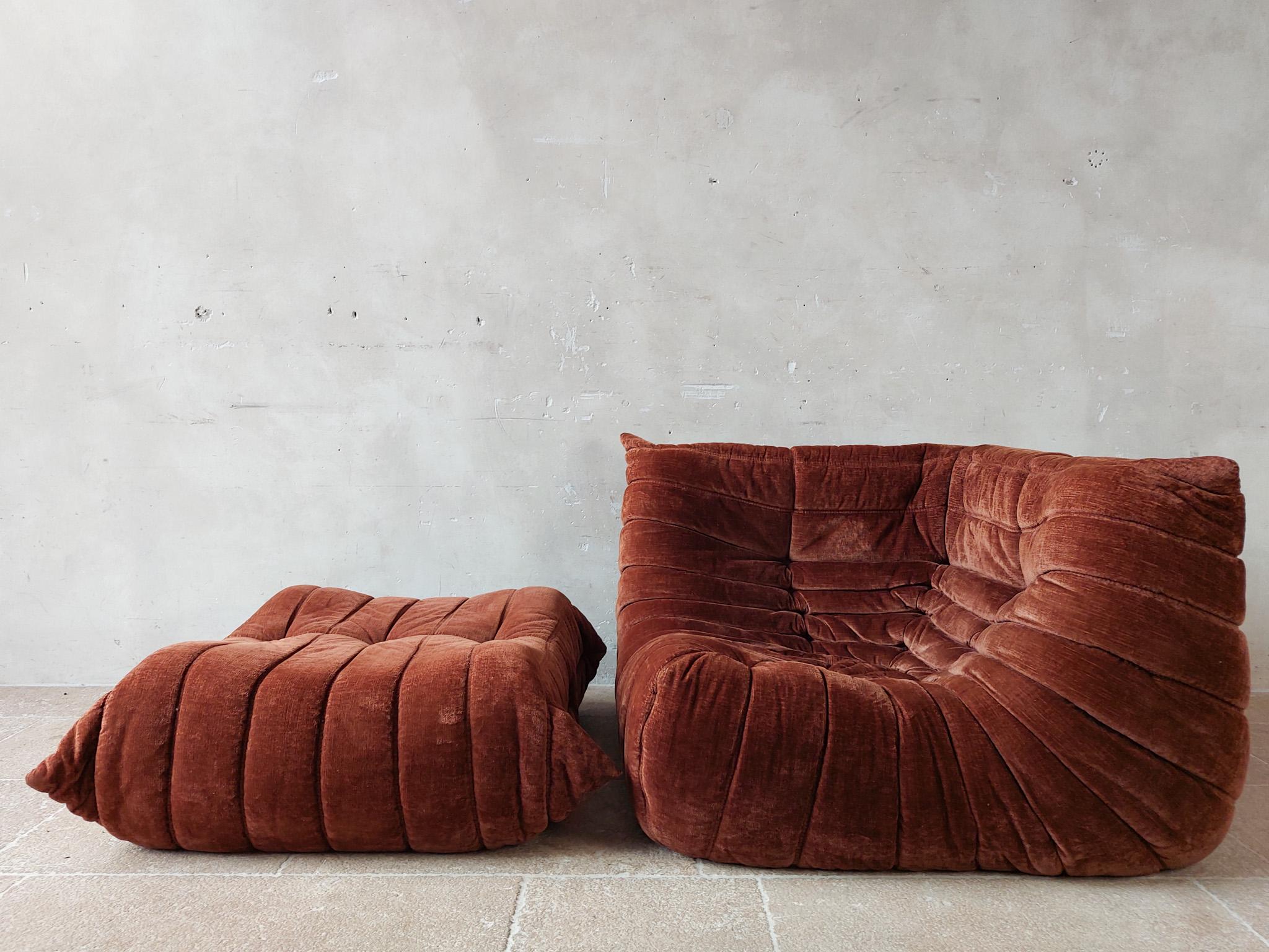 Vintage Togo Sofa Set in Cognan Brown Velvet by Michel Ducaroy for Ligne Roset For Sale 3