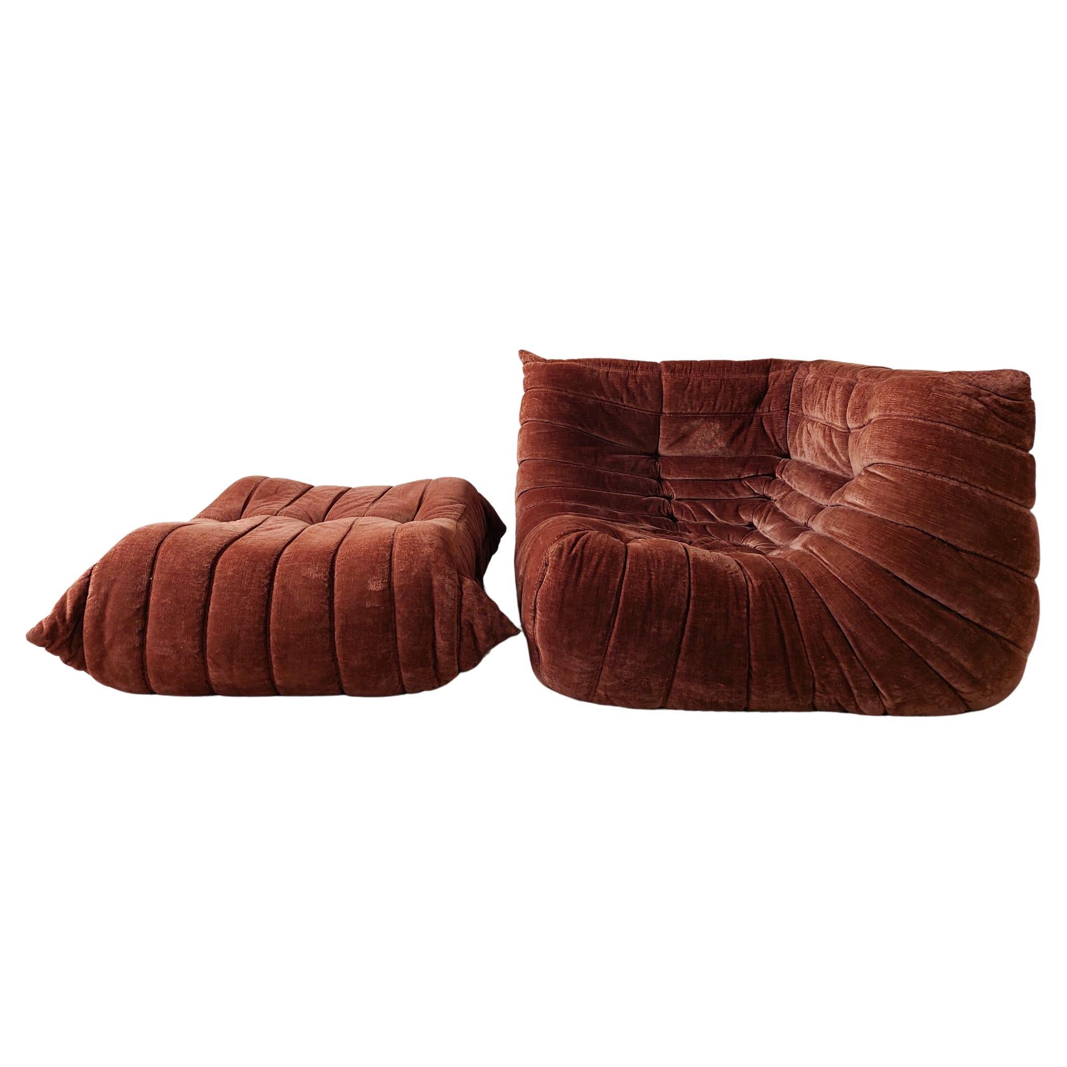 Vintage Togo Sofa Set in Cognan Brown Velvet by Michel Ducaroy for Ligne Roset For Sale