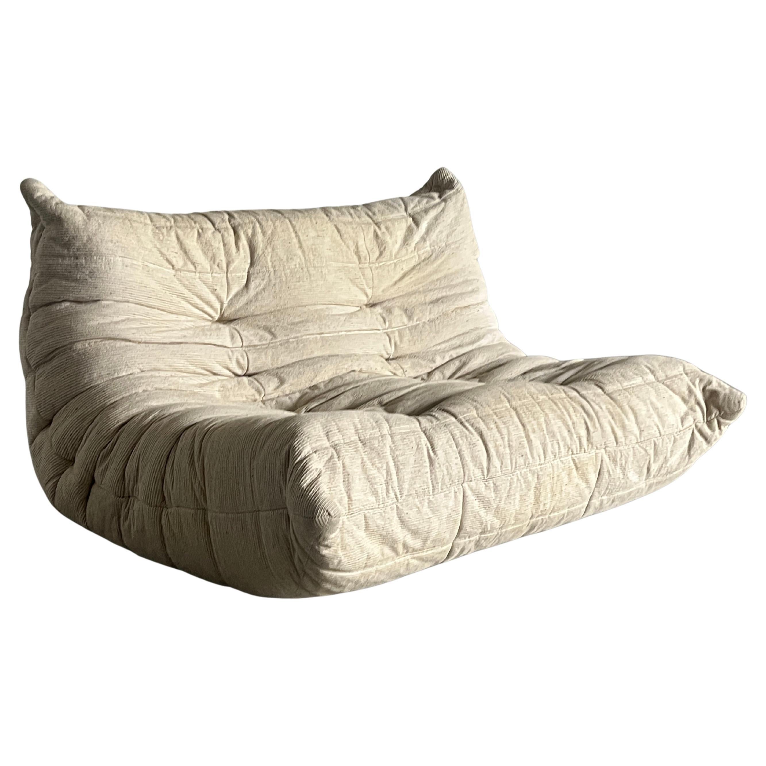 Vintage ‘Togo’ Two-Seater Sofa by Michel Ducaroy in Off-White Fabric, 70s France For Sale